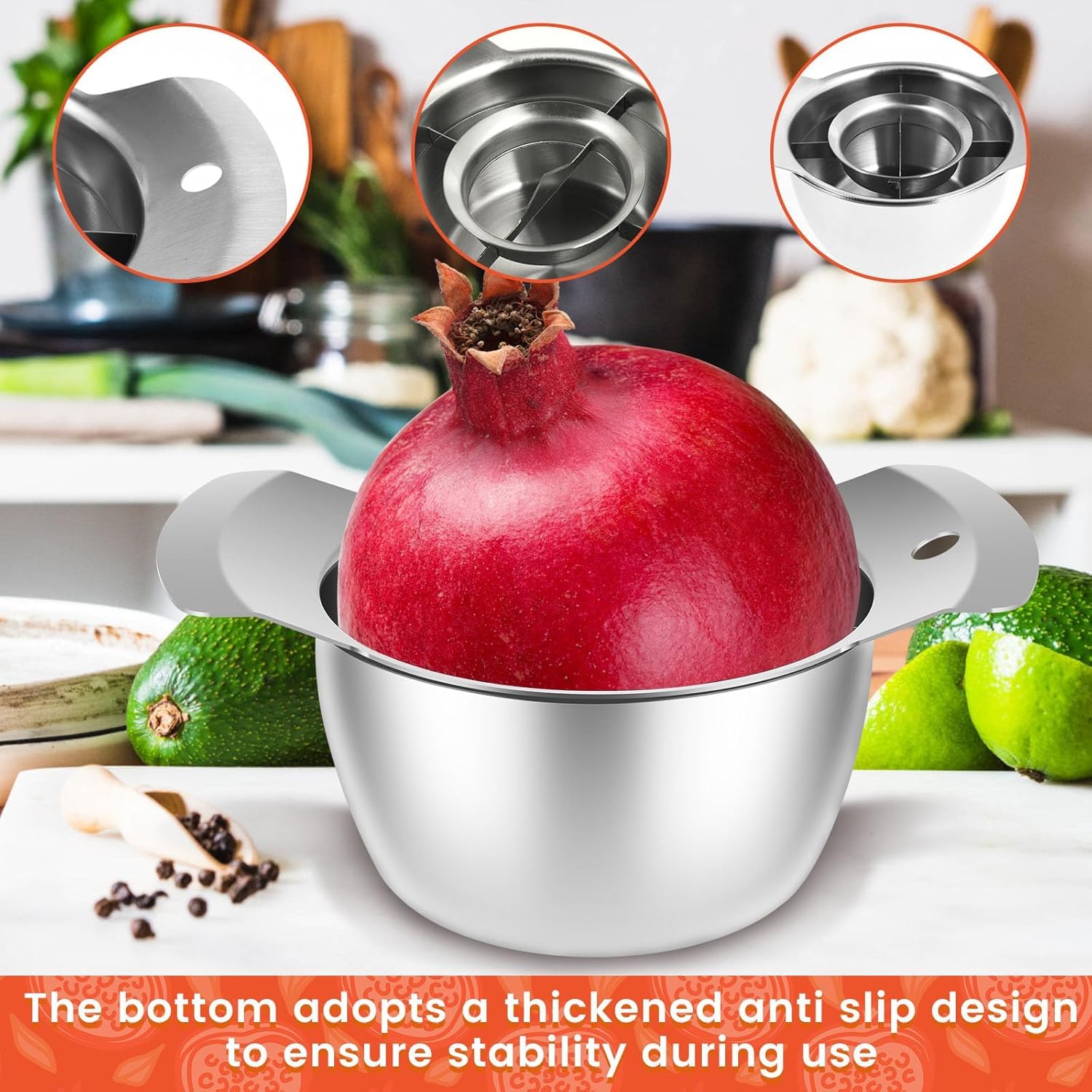 Premium Stainless Steel Pomegranate Deseeder & Peeling Tool Set with Bowl & Wooden Hammer - Efficient Pomegranate Aril Removal for Smoothies, Salads & Healthy Snacks - Kitchen Gadget for Fruit Lovers (1 Set)