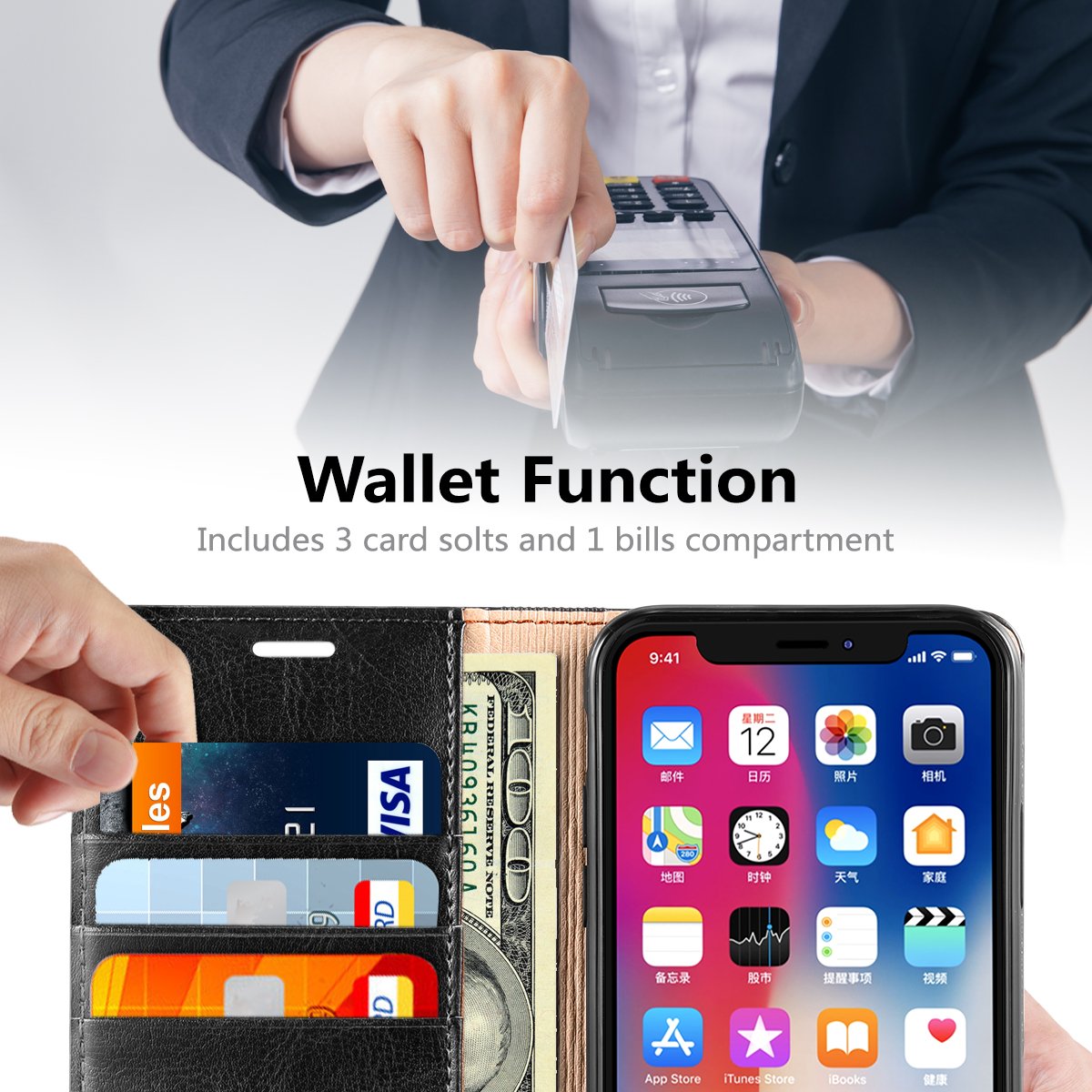 Belemay Genuine Cowhide Leather Wallet Case for iPhone 11 Pro Max (6.5
