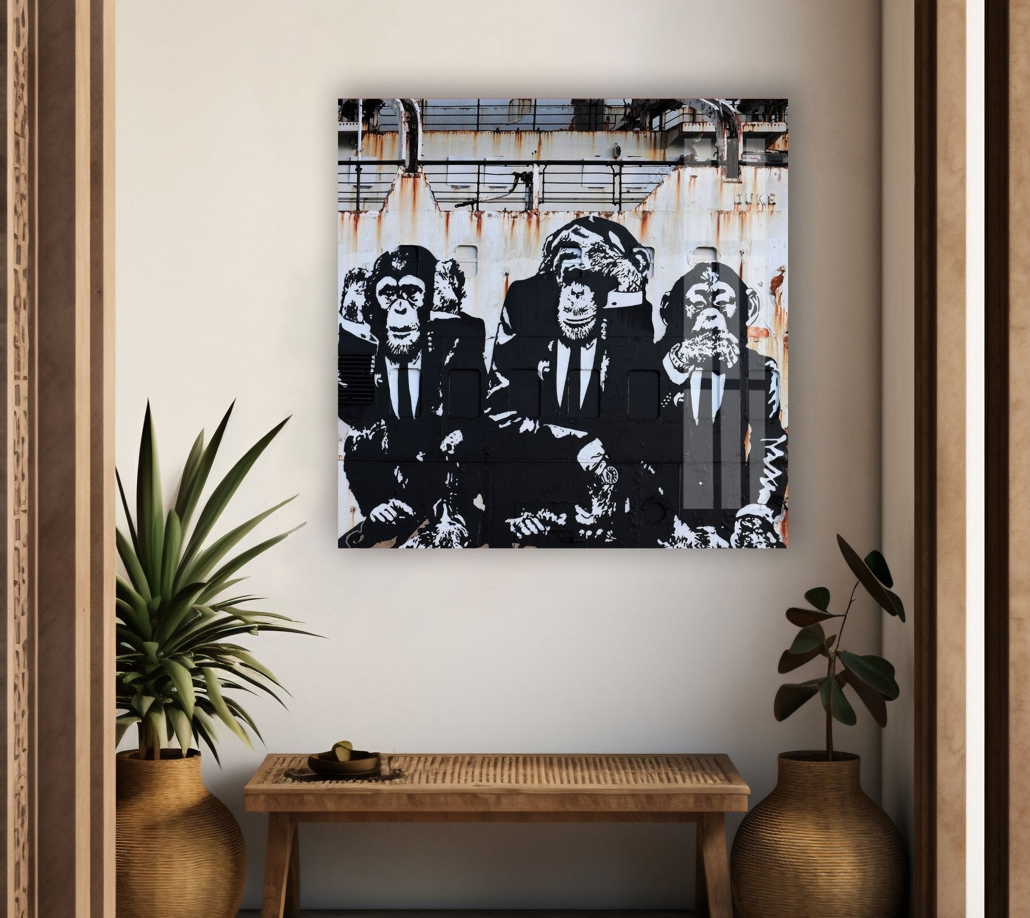 3 Monkey Banksy Glass Wall Art - Modern Home Decor for Living Room, Bedroom & Office - Unique Street Art Inspired Glass Painting