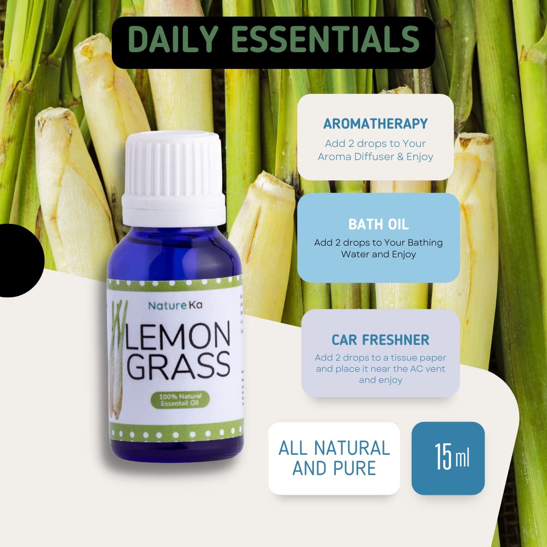 Natureka Lemongrass Essential Oil - 100% Pure Natural, Chemical-Free, Aromatherapy Grade for Diffusers, Massage & Relaxation | 15ml Bottle for Home Spa, Yoga & Stress Relief