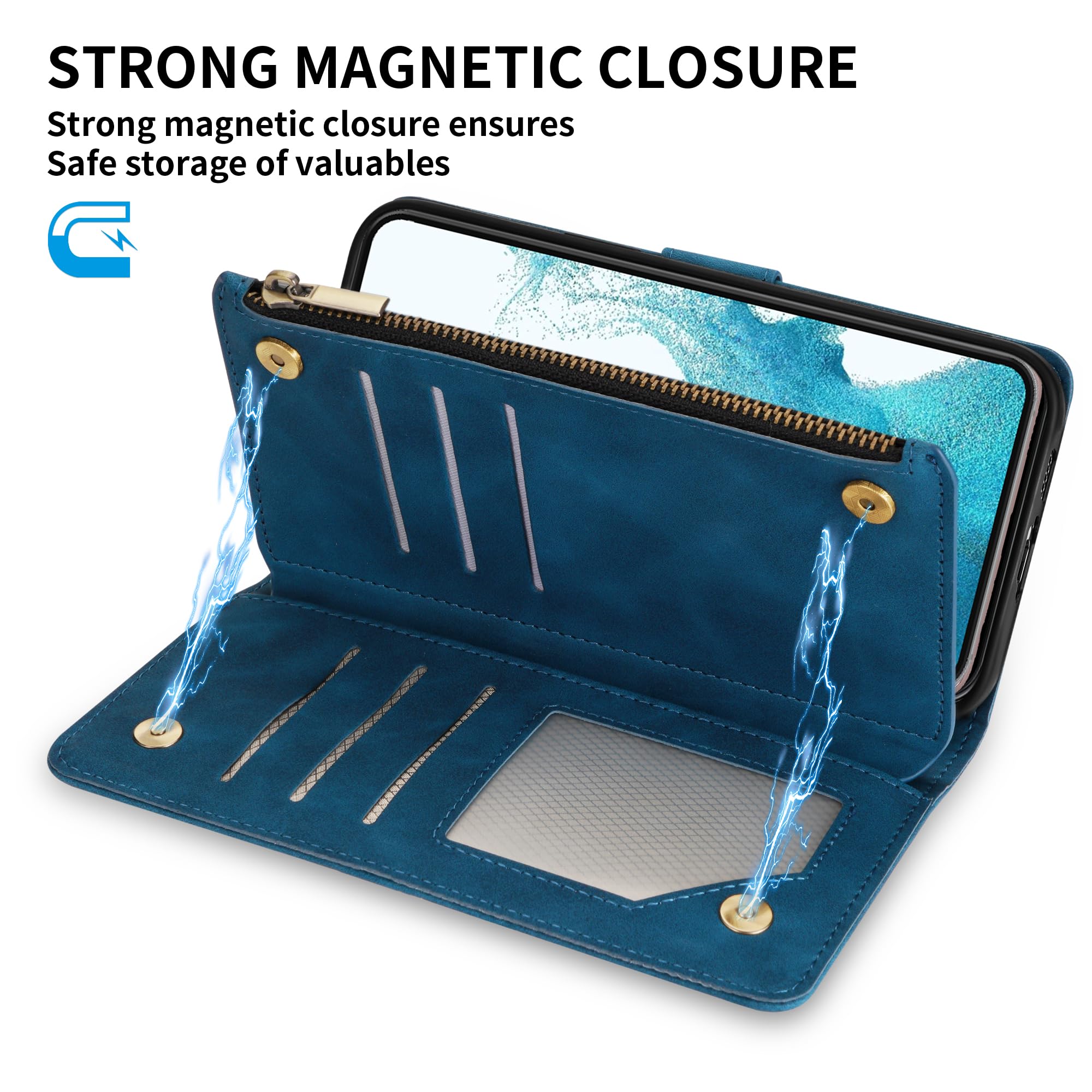 Premium Soft PU Leather Zipper Flip Wallet Case for Samsung Galaxy S22 (6.1 Inch) - Card Slots, Wrist Strap & Kickstand | Protective Cover for Everyday Use, Travel & Business Meetings (Blue)