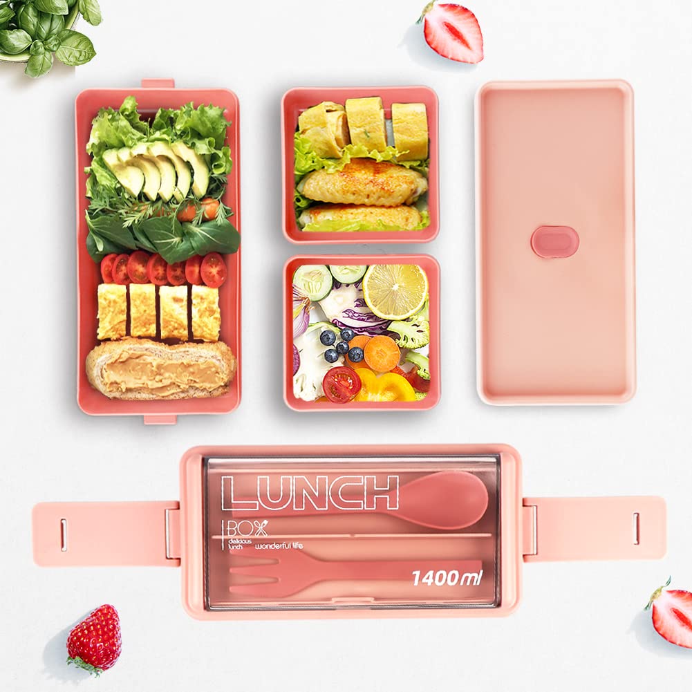 NatraProw Bento Box for Adults - 3 Compartment Stackable Lunch Box Set (47.35 oz) with Insulated Lunch Bag, Snack Pouch & Utensils - Microwave & Dishwasher Safe - Perfect for Office, School, Picnics & Meal Prep (Pink)