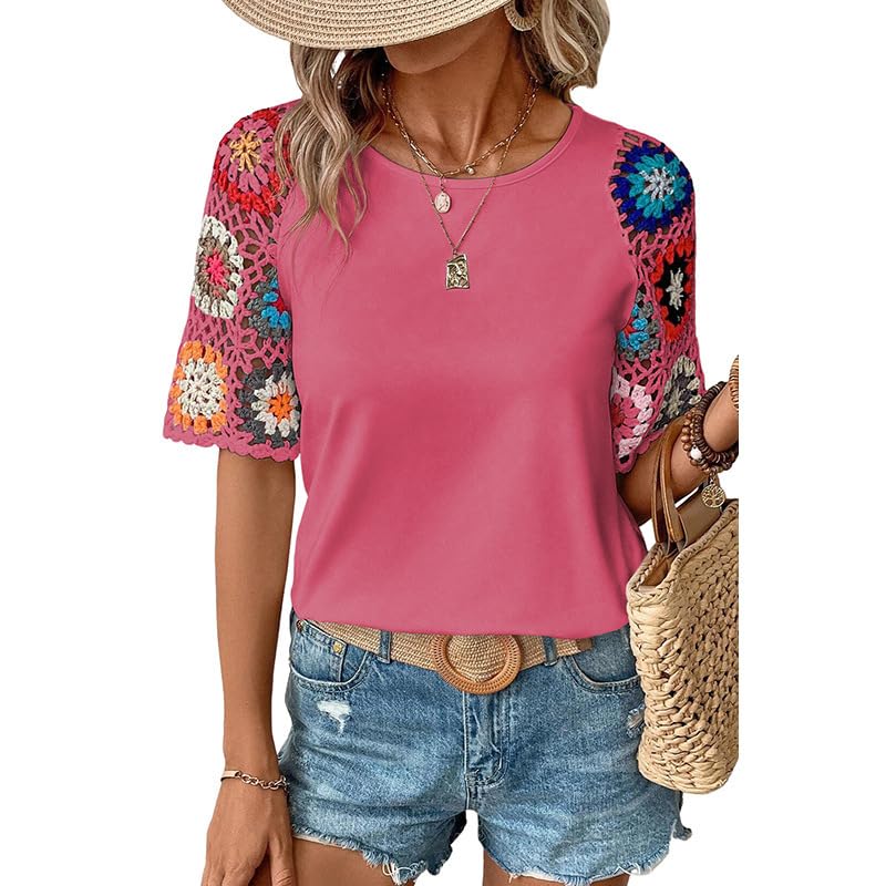 Trendy Women's Floral Crochet Cut-Out Short Sleeve T-Shirt | Loose Crewneck Summer Top | 2024 Casual Tunic Blouse for Beach, Vacation & Boho Outfits