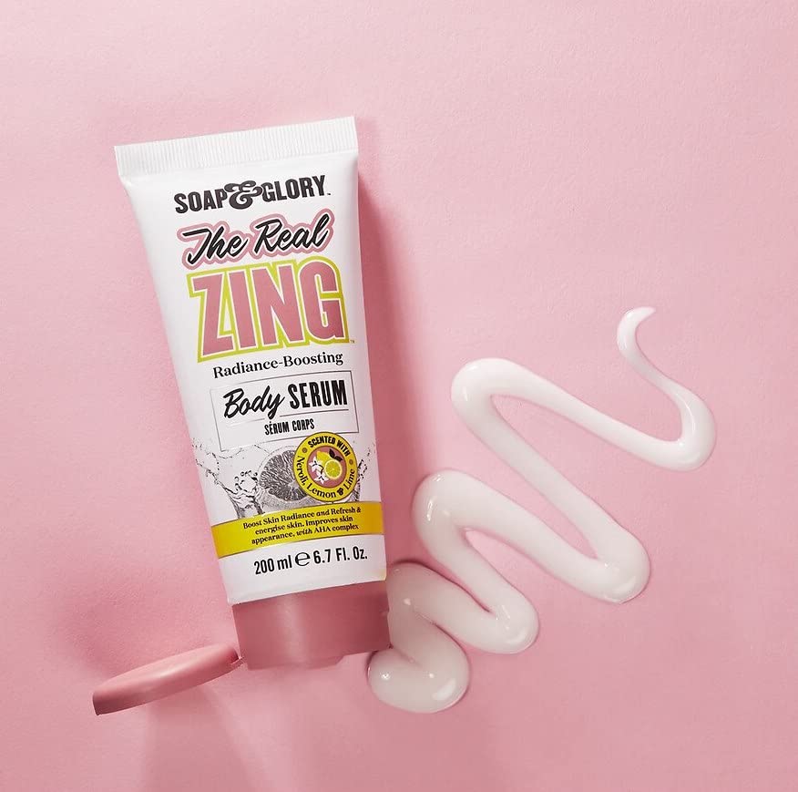 Soap & Glory The Real Zing Body Serum - AHA Fruit Complex Radiance Boosting Moisturizer for Dry Skin | Skin Brightening & Hydrating Body Lotion with Citrus Scent | Perfect for Daily Use, Post-Shower Hydration & Summer Skin Care (200ml)