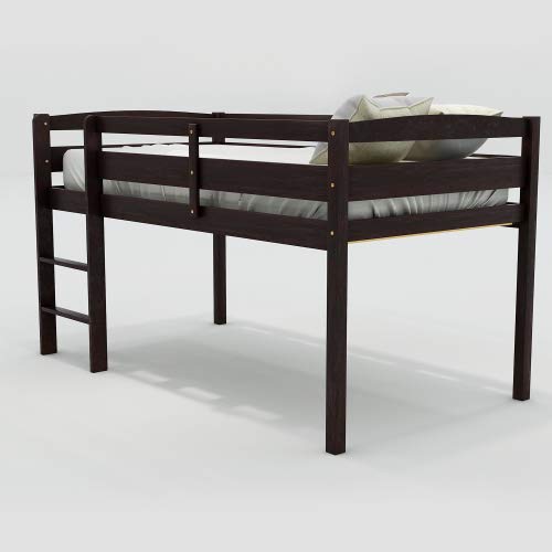 Twin Size Loft Bed with Guard Rail & Ladder - Sturdy Wooden Bunk Bed Frame for Kids & Teens - No Box Spring Needed - Espresso Finish - Perfect for Small Bedrooms, Guest Rooms & Dorm Rooms