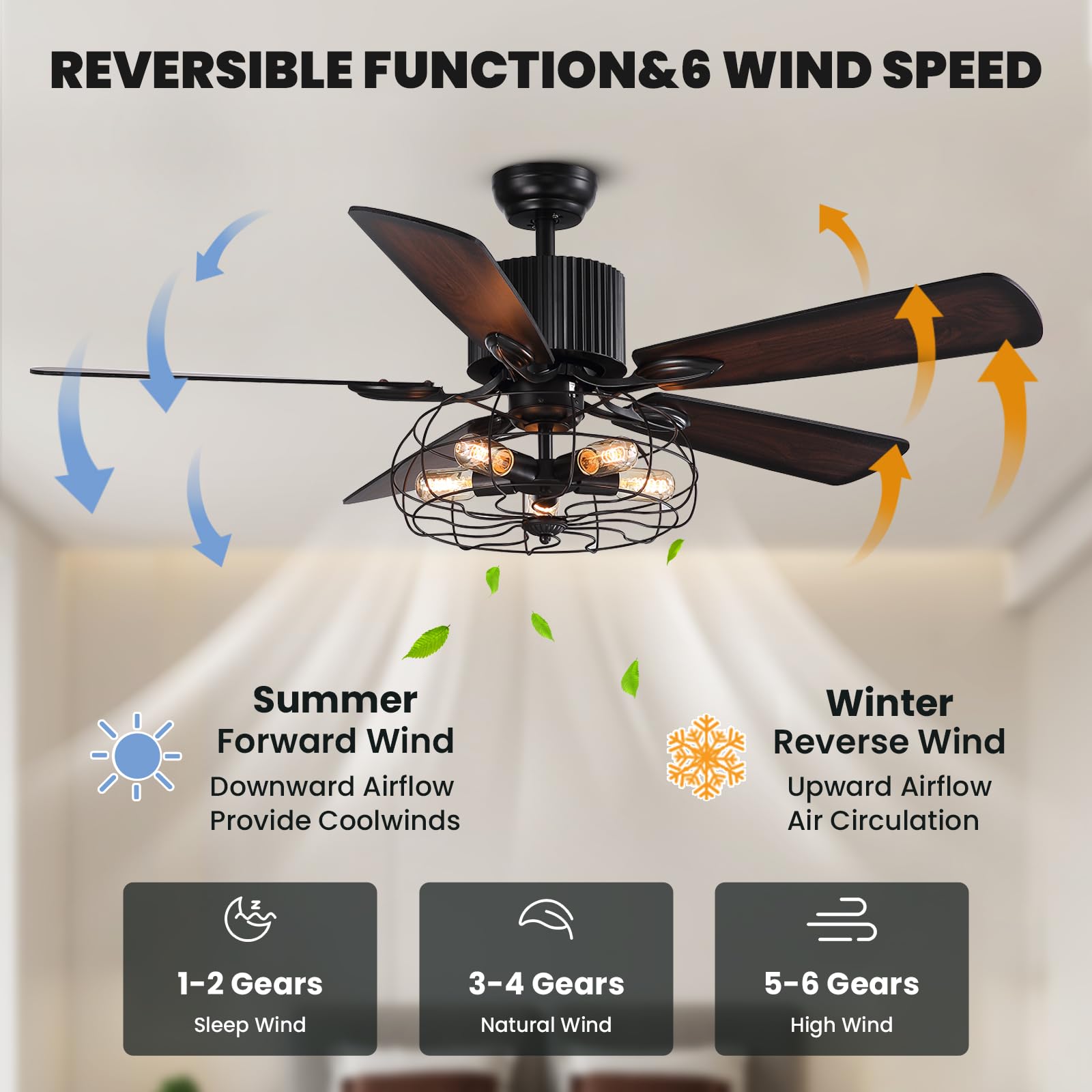 CROSSIO 52 Inch Farmhouse Ceiling Fan with Light Kit and Remote Control - Industrial Style Cage Ceiling Fan - 5 Reversible Wooden Blades - Rustic Black Finish - Perfect for Dining Room, Living Room, Bedroom, Porch and Patio