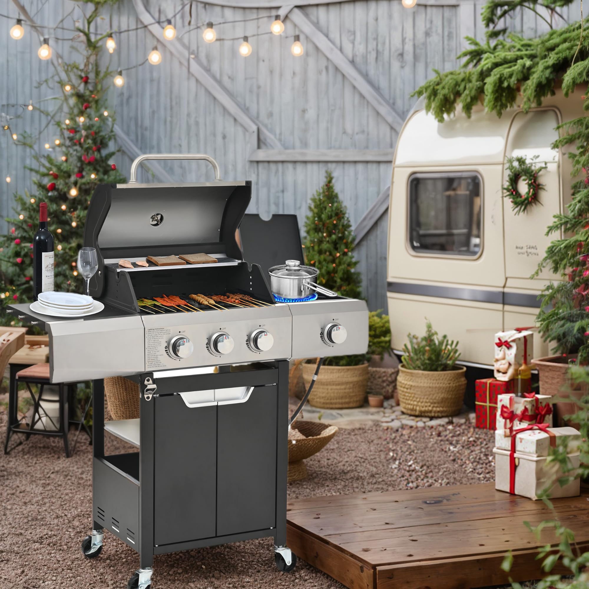 40,500 BTU Propane Gas Grill - 4 Stainless Steel Burners with Side Burner & Cover - Built-in Temperature Gauge - Perfect for Outdoor BBQ, Backyard Cooking, Camping & Tailgating Parties
