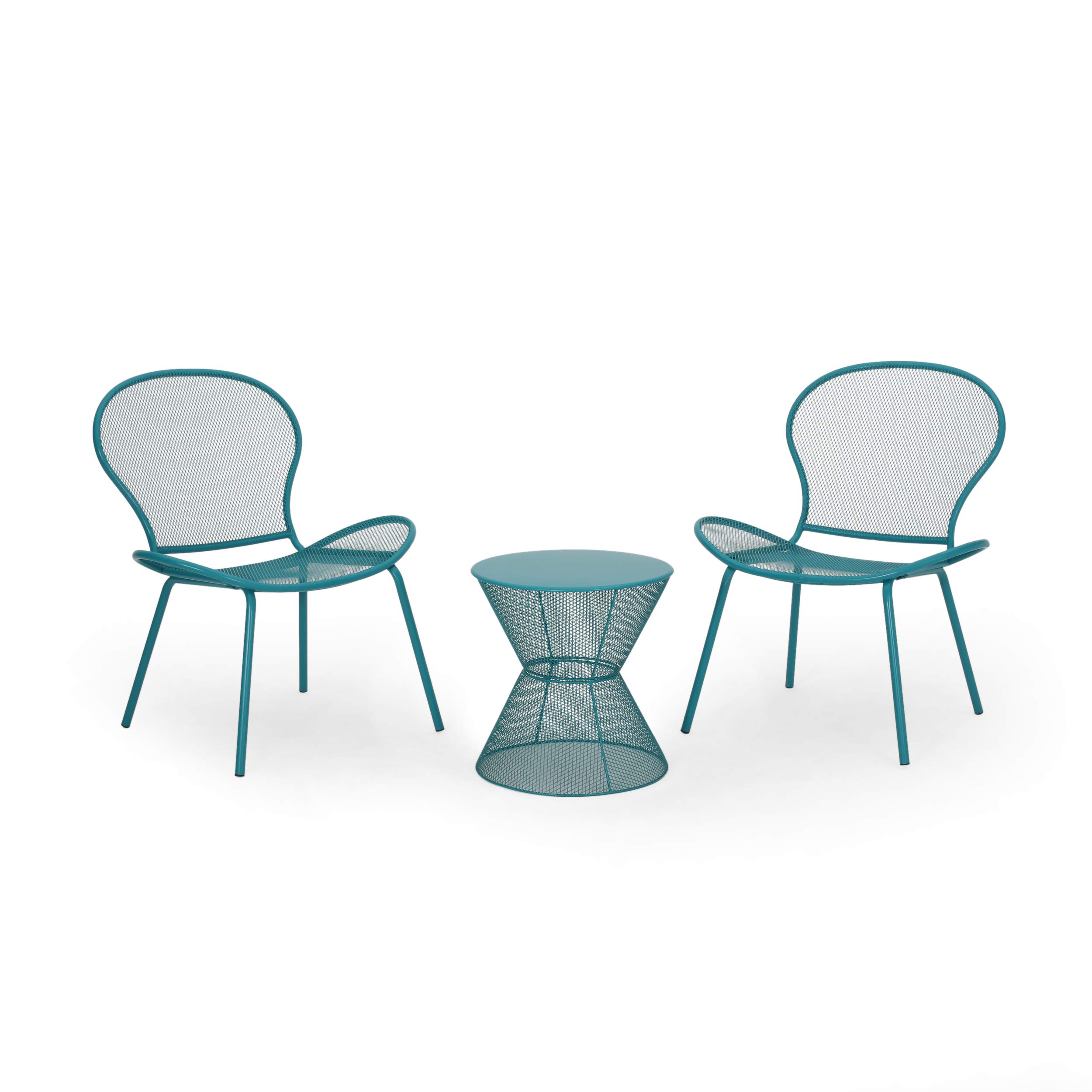 GDFStudio Modern Outdoor 2-Seater Iron Bistro Set with Side Table in Matte Teal - Patio Garden Conversation Set for Small Spaces, Balcony or Porch