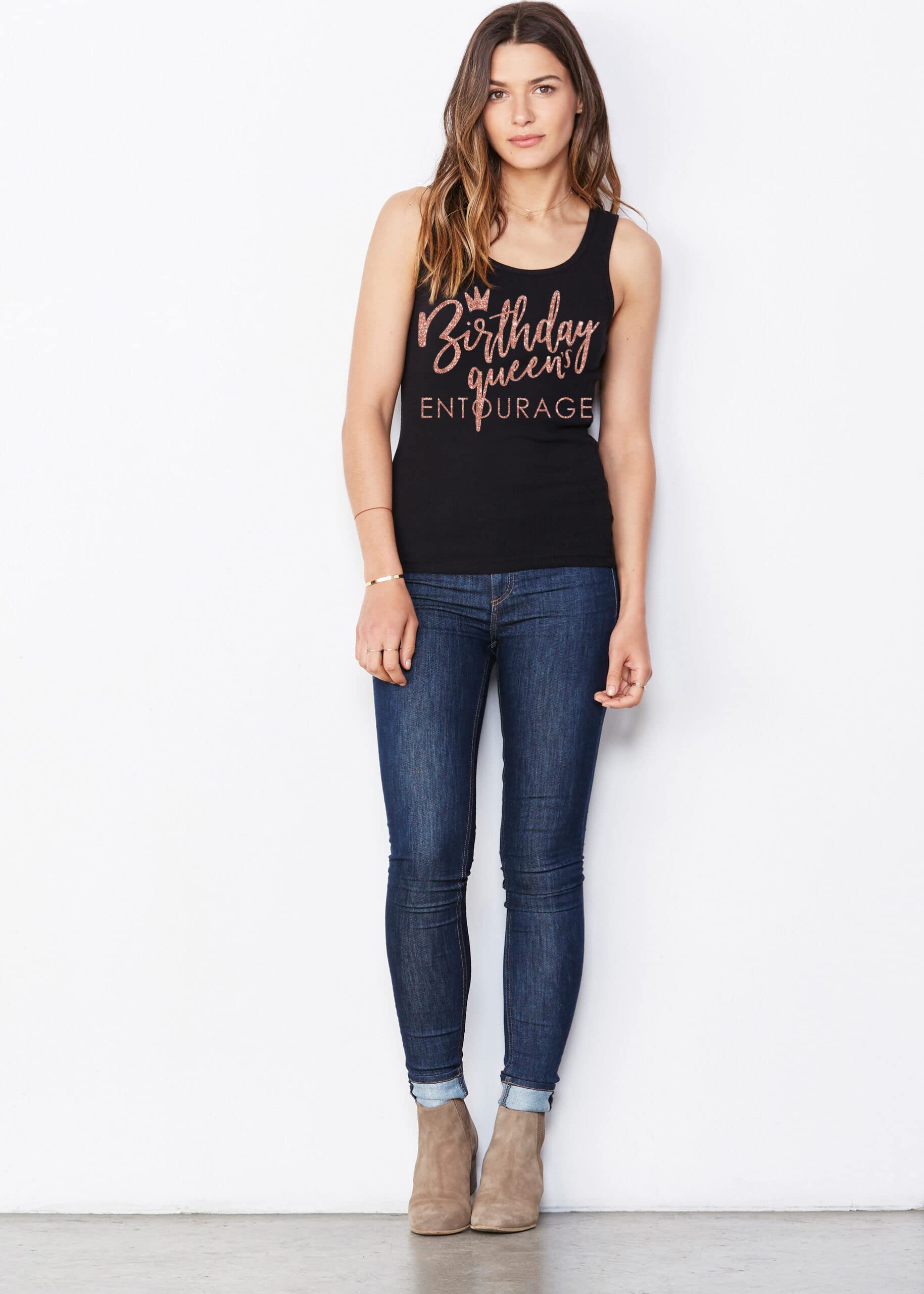 Women's Crystal Rhinestone Birthday Tank Top - Birthday Queen & Squad Shirts for Women - Perfect for Birthday Parties, Girls Night Out & Bachelorette Celebrations