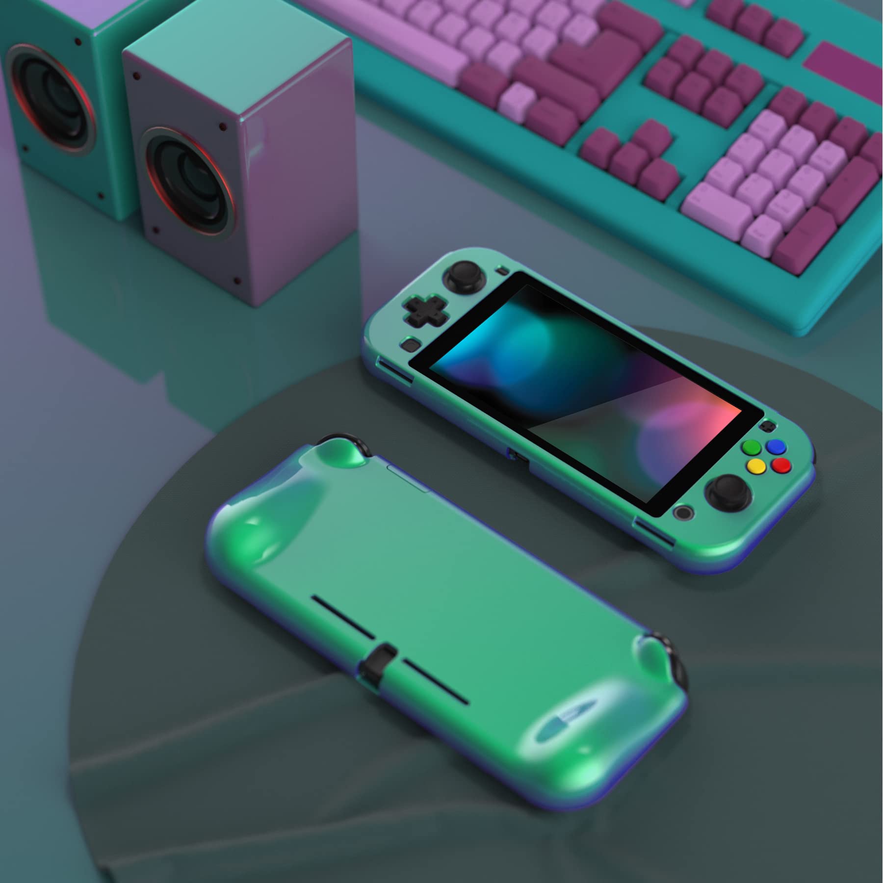 PlayVital ZealProtect Protective Case for Nintendo Switch Lite - Ergonomic Grip Hard Cover with Shock-Absorption & Anti-Scratch | Includes Screen Protector & Thumb Grip Caps | Chameleon Green Purple | Perfect for Gaming On-The-Go & Travel Protection