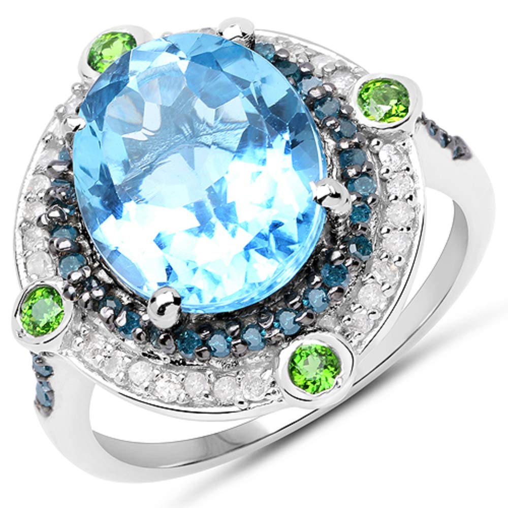 Genuine Swiss Blue Topaz & Chrome Diopside Sterling Silver Ring with Blue Diamonds - Size 9.00 - Elegant Wedding, Anniversary & Evening Party Jewelry Gift for Women