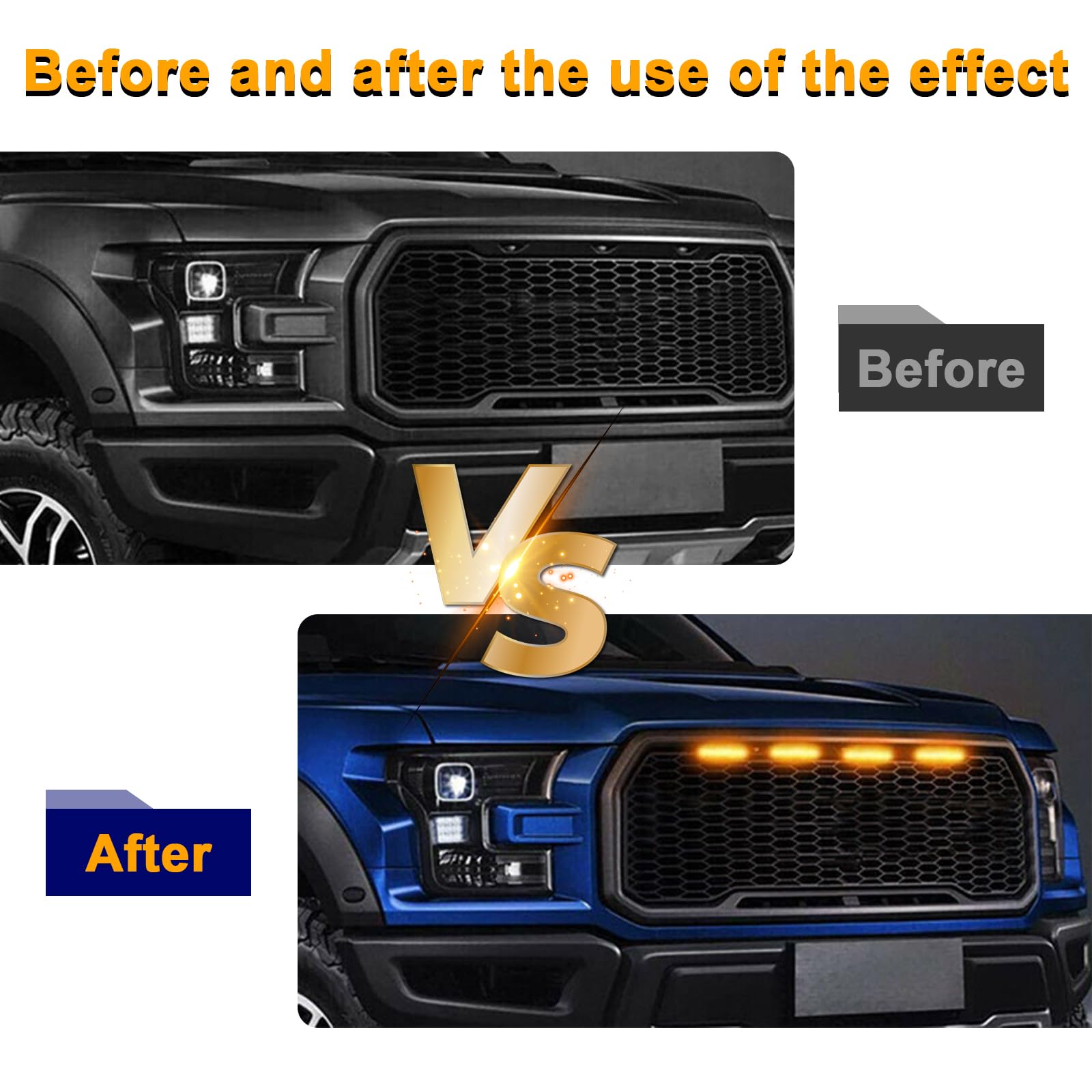 4PCS Amber LED Car Grille Lights - Waterproof Front Grill Trim Lamps with Wiring Harness for Ford F150 F250 F350 - Bright Vehicle Exterior Lighting for Off-Road Trucks & Night Driving (Black & Yellow)