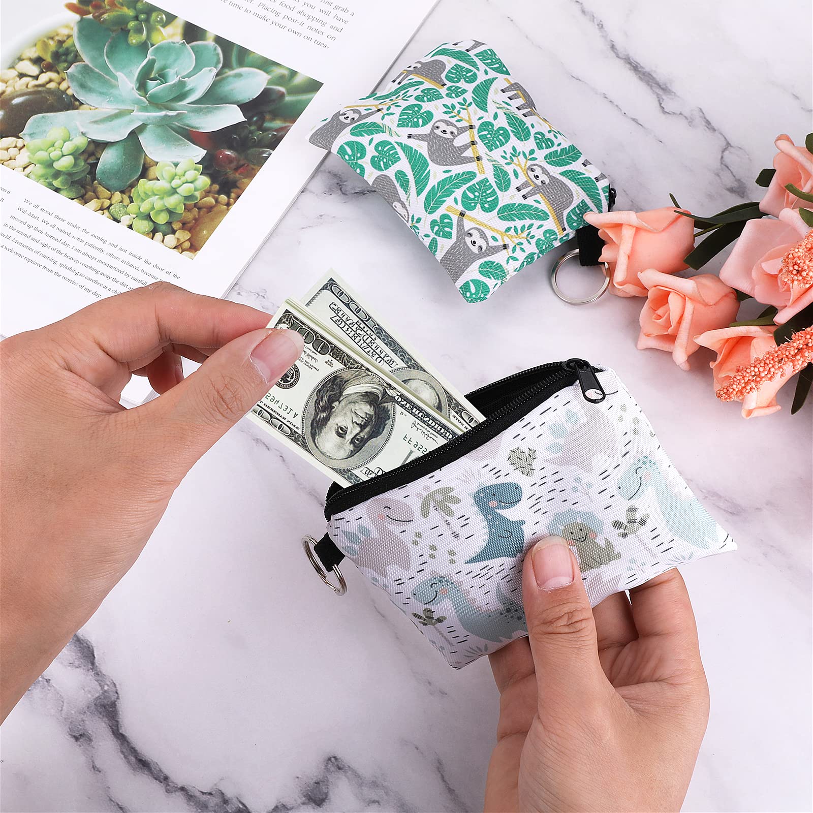 2 Pack Sloth & Dinosaur Print Zipper Pouch - Cute Canvas Coin Purse, Travel Toiletry Bag, Makeup Organizer, Keychain Wallet for Women & Kids - Perfect for School, Gym, Camping & Daily Essentials Storage