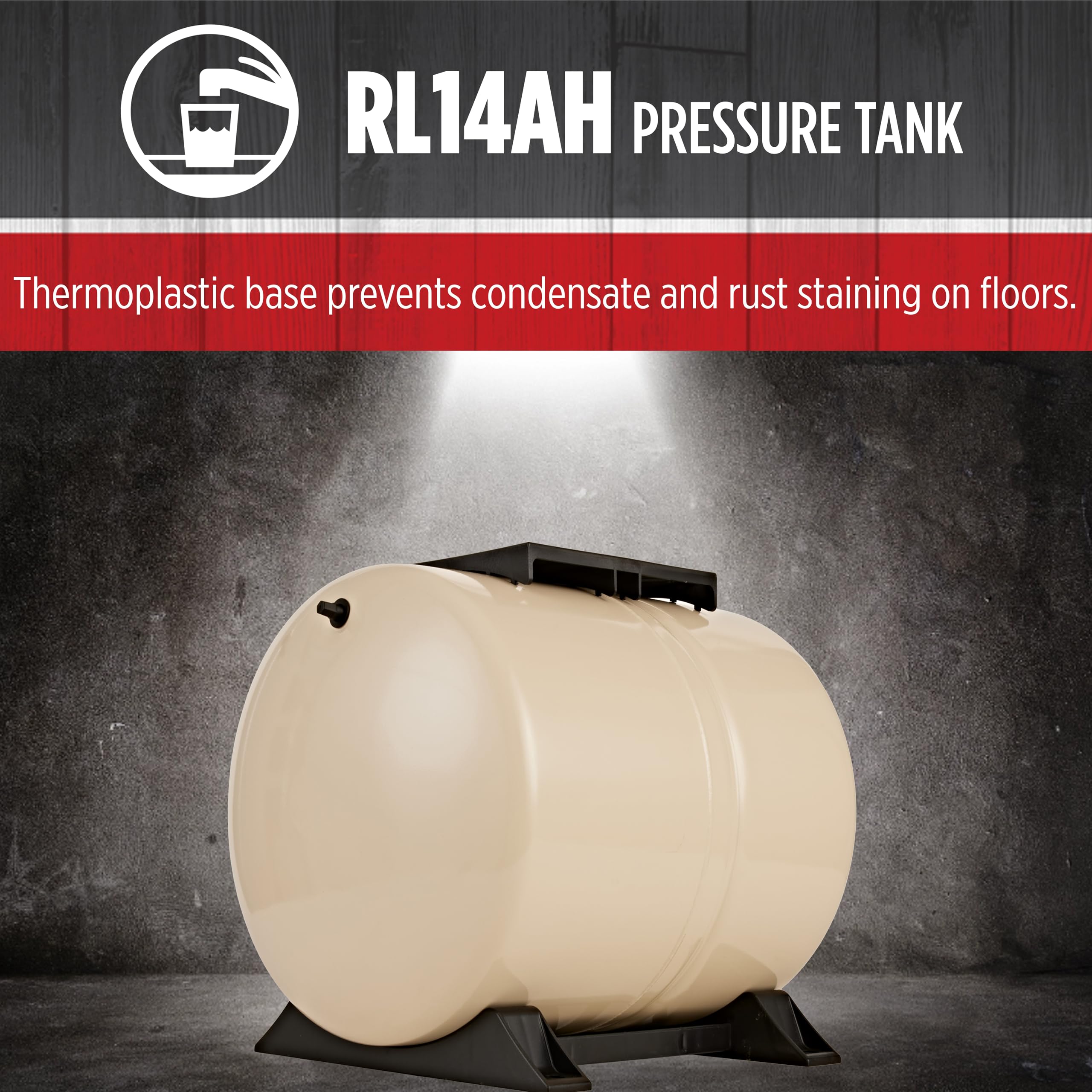 Red Lion RL14AH 14-Gallon Horizontal Pre-Charged Pressure Tank with Pump Mounting Bracket - Thermoplastic Stand for Well Pumps, 3/4-Inch MNPT Connection (Almond) - Ideal for Residential Water Systems, Irrigation & Agricultural Applications