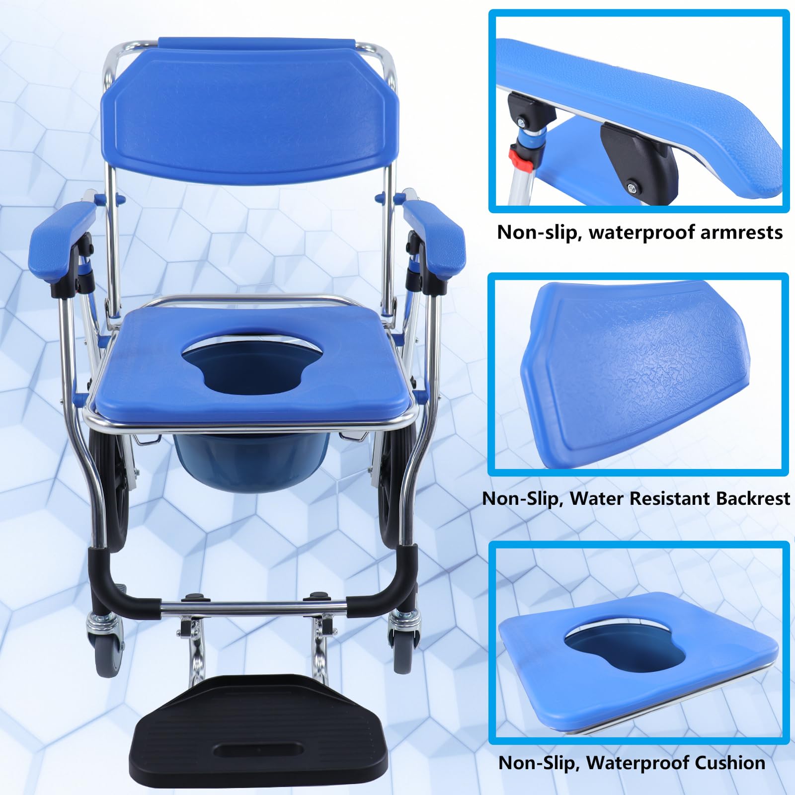Folding Shower Commode Wheelchair - 300lbs Capacity Bariatric Commode Chair with Padded Seat, Waterproof Rolling Shower Chair with Armrests & Backrest, Mobility Aid for Elderly & Disabled - Ideal for Small Bathrooms & Home Care Use