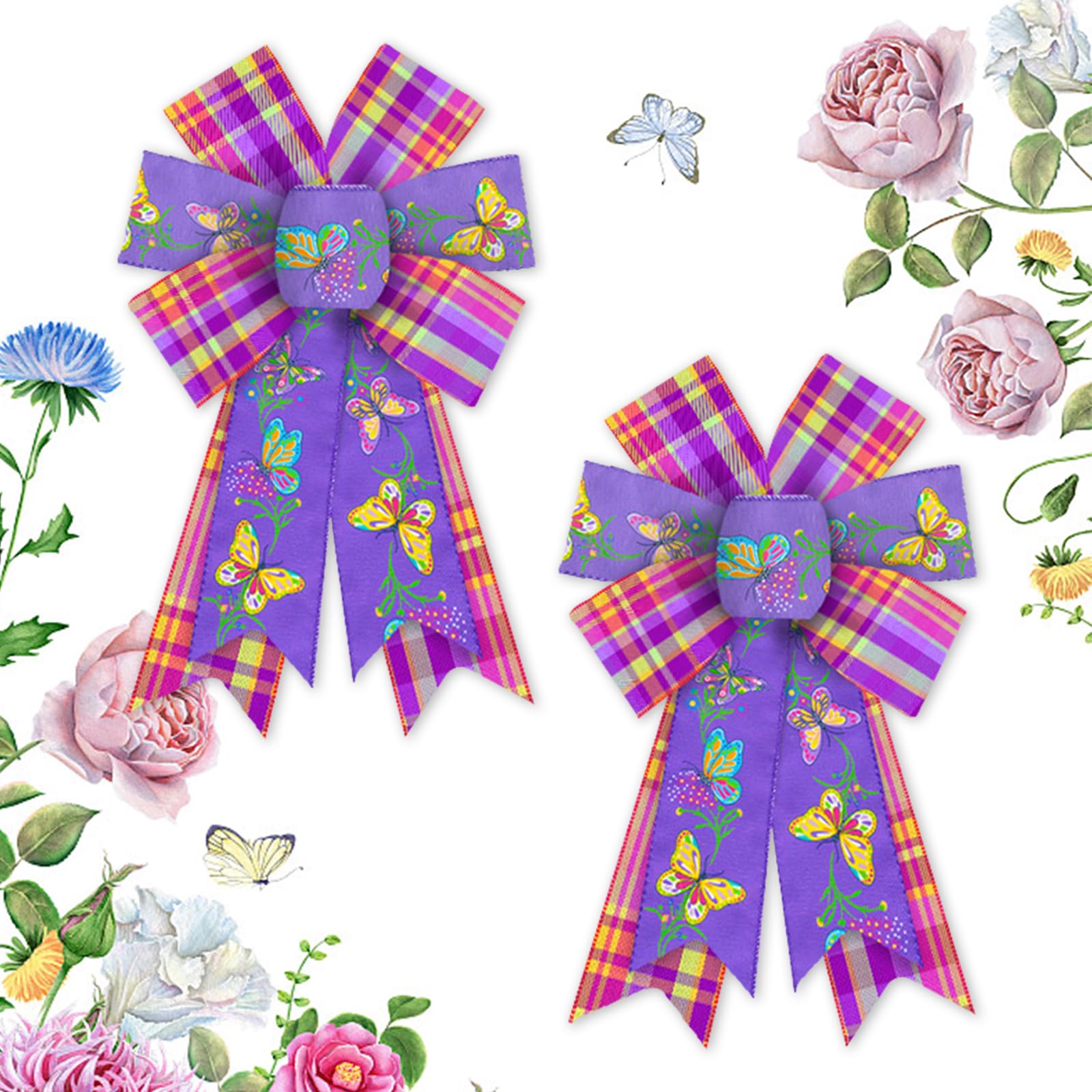 2-Pack Spring Floral Bows for Wreaths - Purple & Pink Burlap Farmhouse Decor with Butterflies | Perfect for Front Door Wreaths, Wedding Crafts, Spring Birthday Party Decorations and Seasonal Home Decor