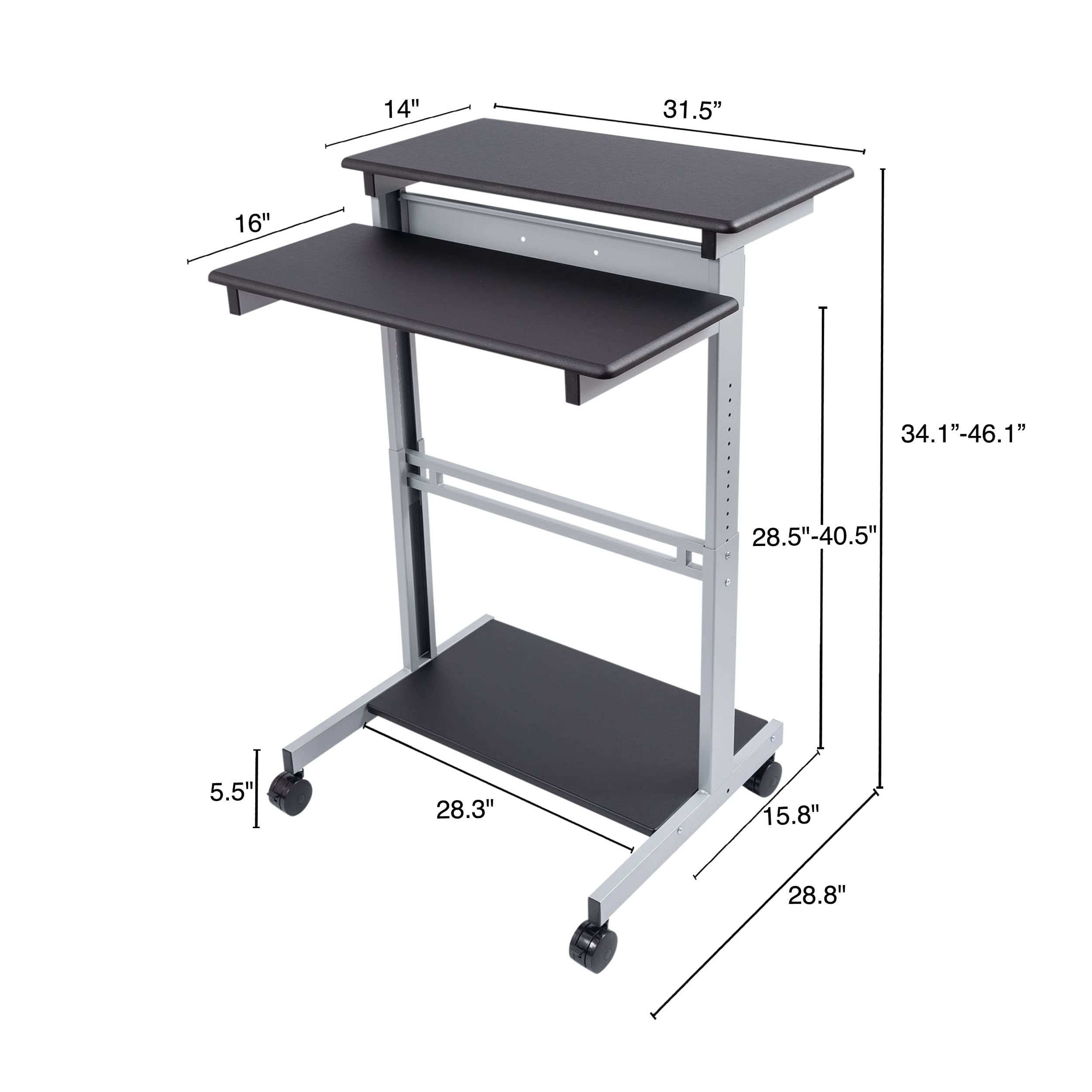 Adjustable Height Rolling Standing Desk with Two-Tier Workstation - Silver Frame & Black Top (32