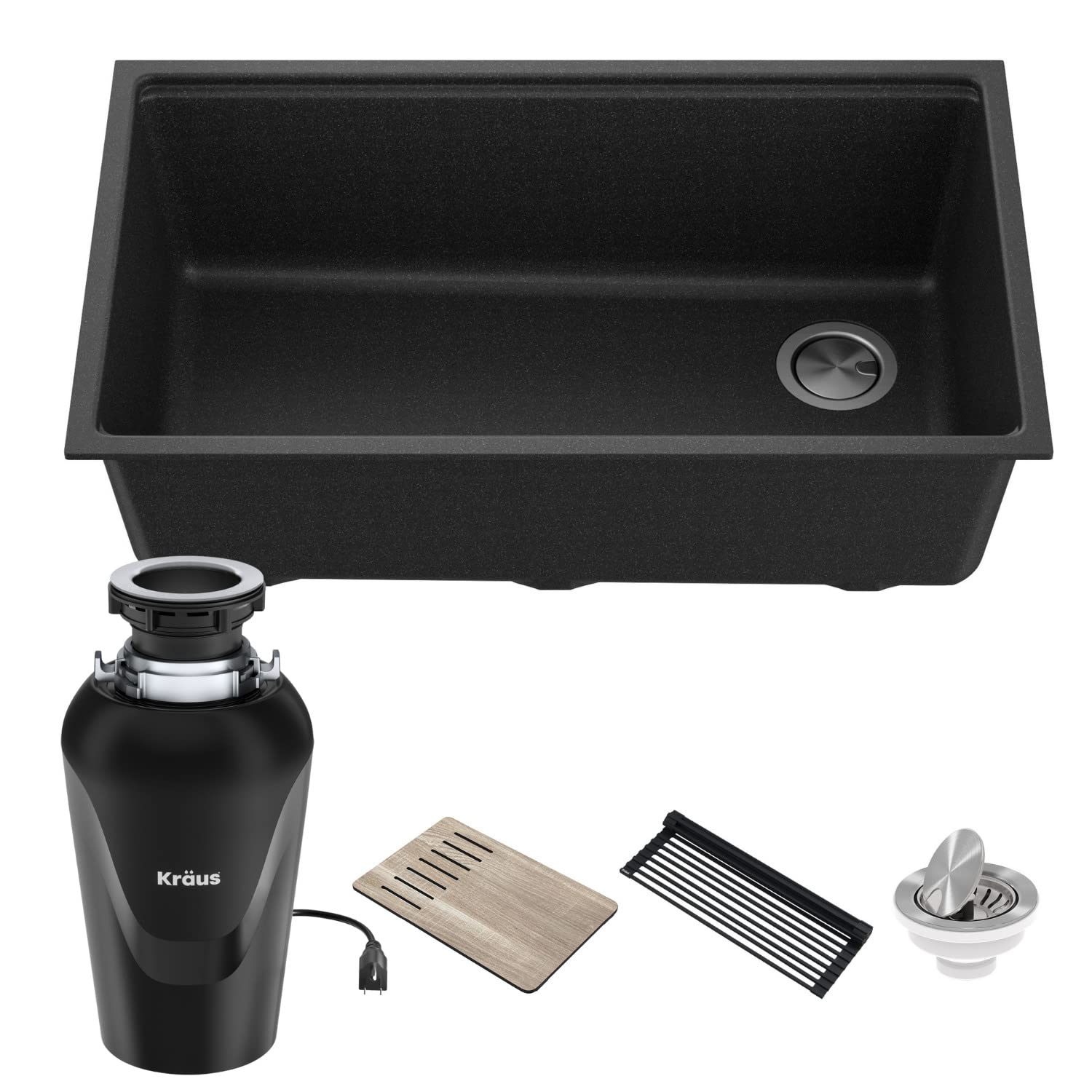 KRAUS Bellucci 32-Inch Undermount Granite Composite Single Bowl Kitchen Sink in Metallic Black with WasteGuard™ Garbage Disposal - Perfect for Modern Kitchens, Food Prep, and Dishwashing