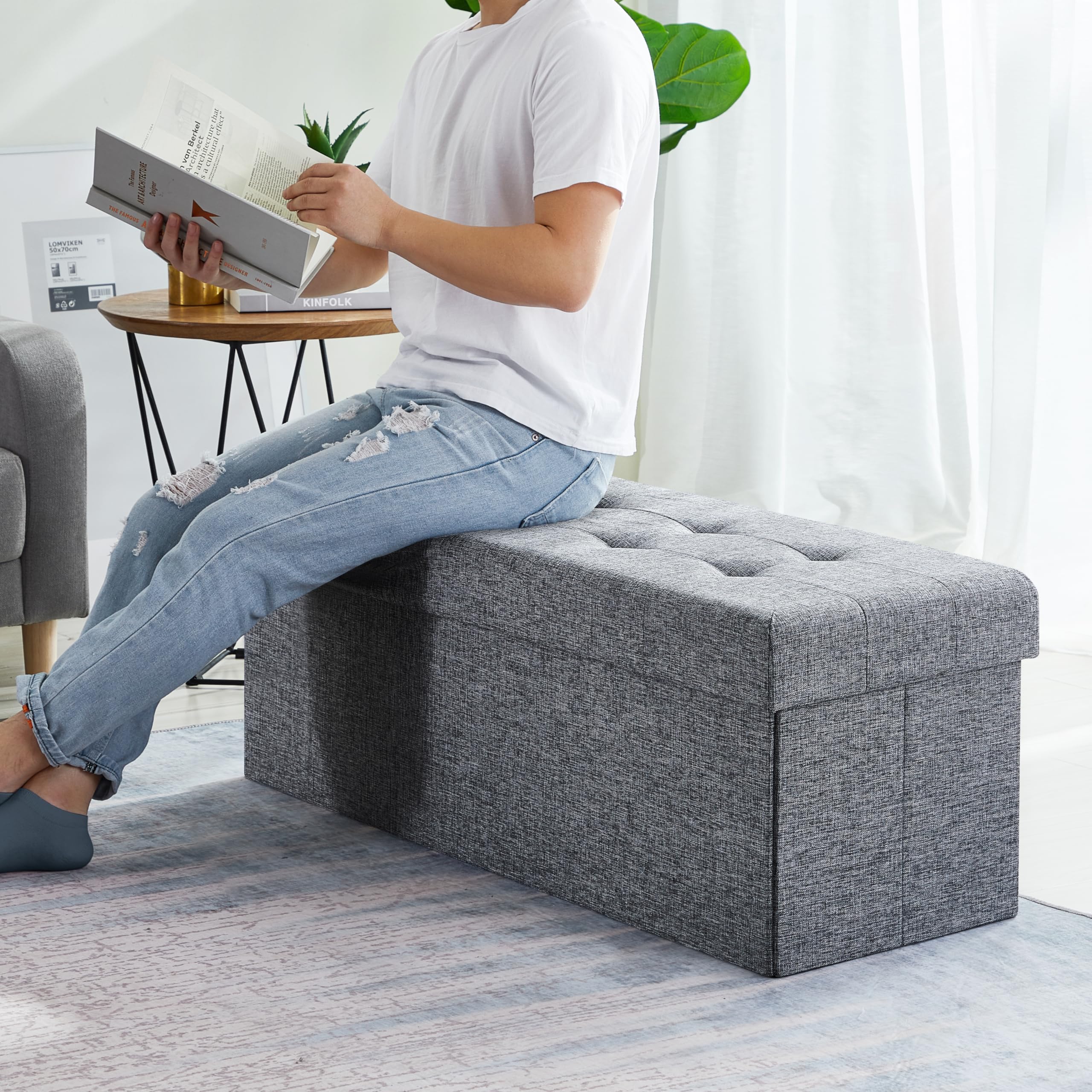 Ornavo Home 45 Inch Folding Storage Ottoman Bench with Removable Top - Large Foot Rest Stool, Storage Chest for Living Room, Bedroom & Entryway (Gray)