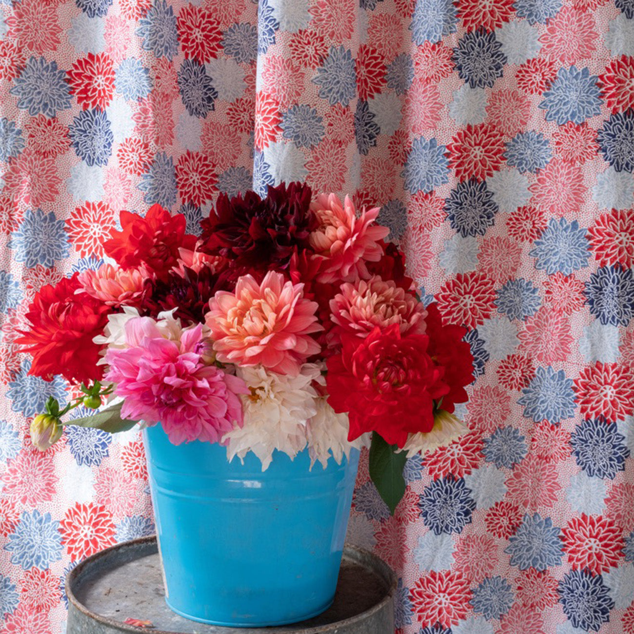 Premium Dahlia Block Printed Cotton Fabric - Crimson & Indigo Handmade Textile for Home Decor, Quilting, and DIY Crafts