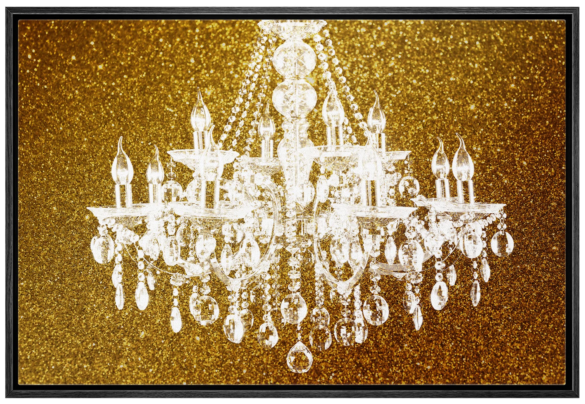 Wall26 Framed Canvas Print - White Chandelier Silhouette on Glitter Background Modern Wall Art, Digital Art for Living Room, Bedroom, Office Decor - 24x36 Inches Black Frame - Perfect for Home Decor, Wedding Gift & Relaxing Spaces