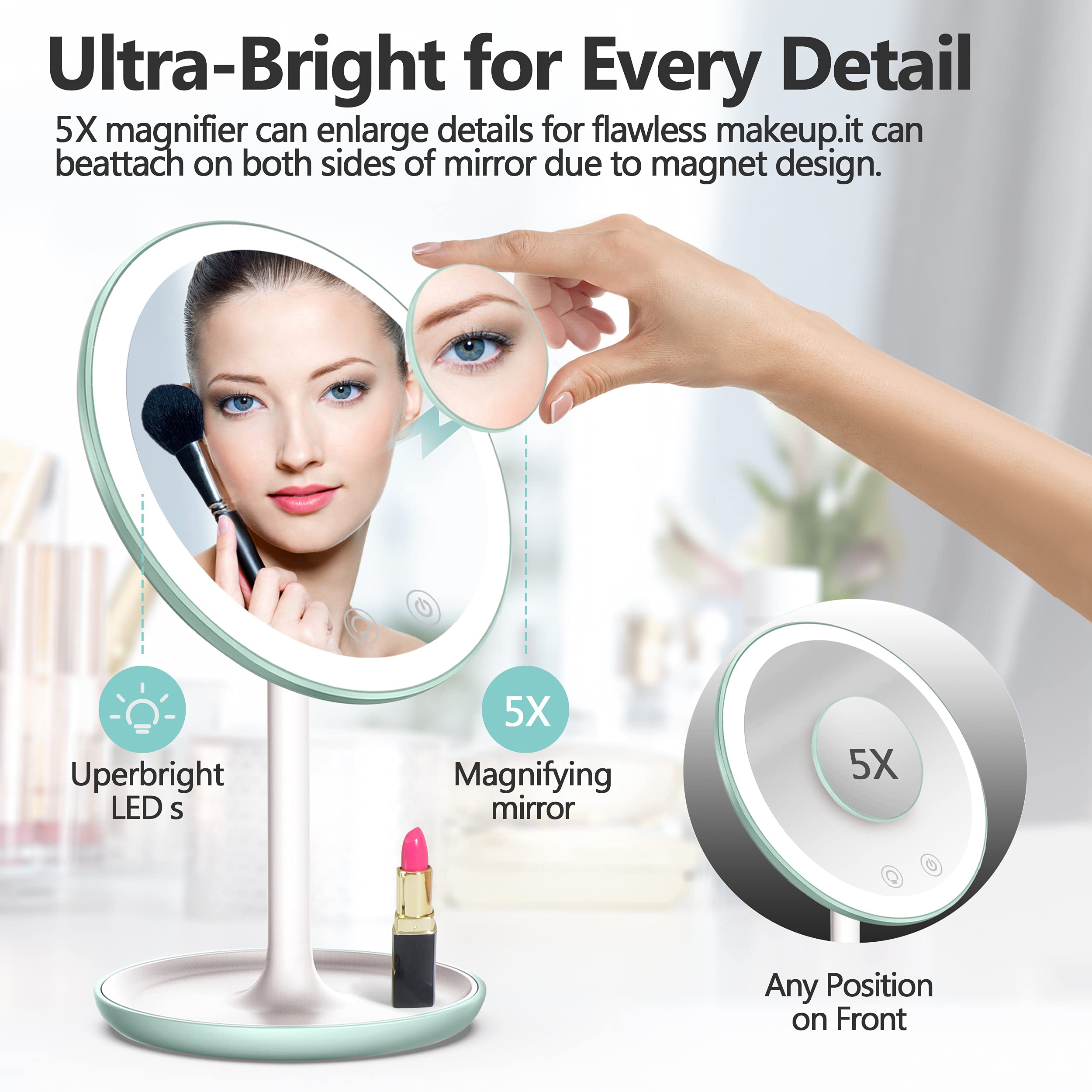 LED Makeup Mirror with Lights & 10X Magnification - Adjustable Brightness Touch Control Vanity Mirror with Stand, USB Charging, for Home, Bathroom, Dressing Table & Travel Use