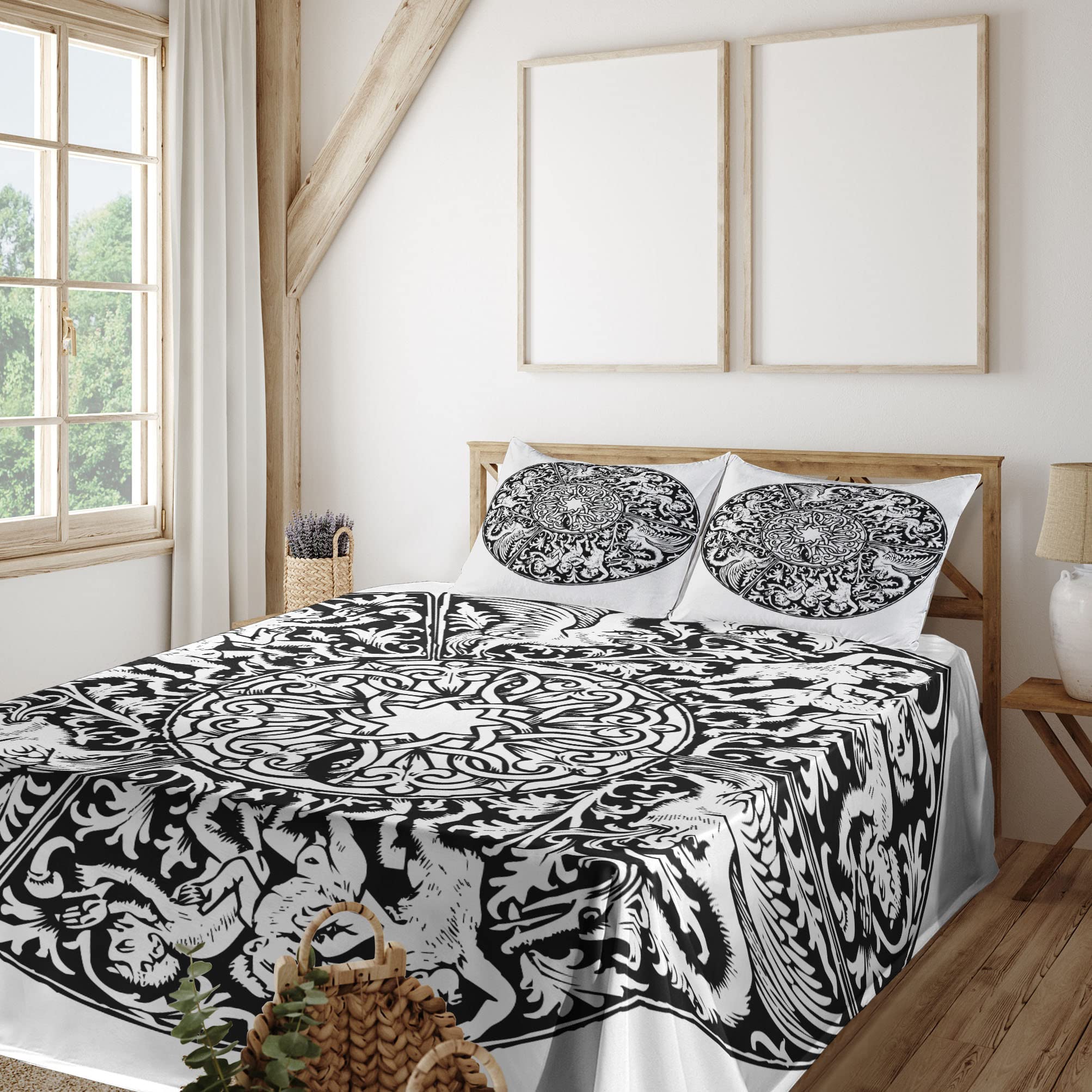 Gothic Bedding Set 4-Piece King Size - Renaissance Victorian Medieval Art Design, Black & White Fitted & Flat Sheets with Pillowcases | Perfect for Gothic Home Decor, Themed Bedrooms & Historical Reenactments