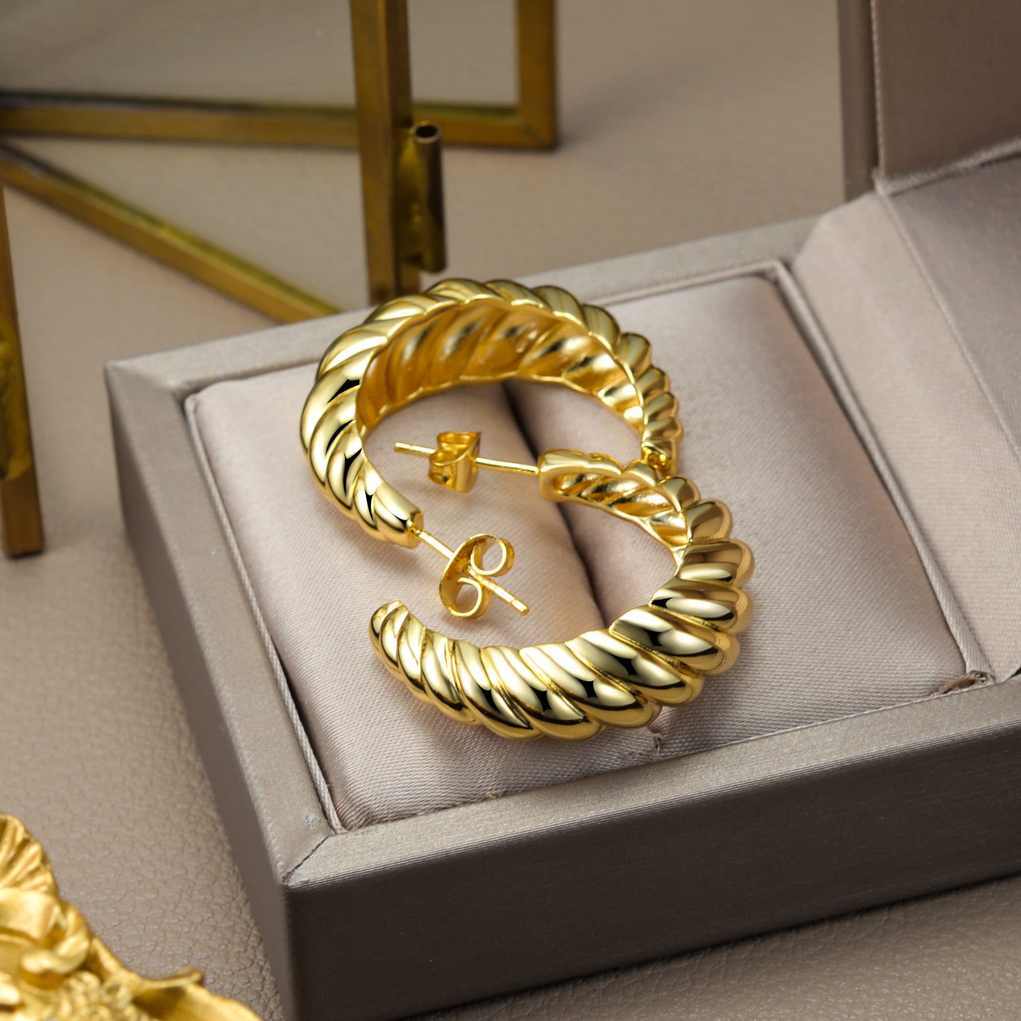 14K Gold Plated Croissant Earrings for Women - 925 Sterling Silver Twisted Hoop Earrings with CZ Stones | Chunky Huggie Hoops | Perfect Mother's Day Gift for Her | Elegant Everyday Wear & Special Occasions