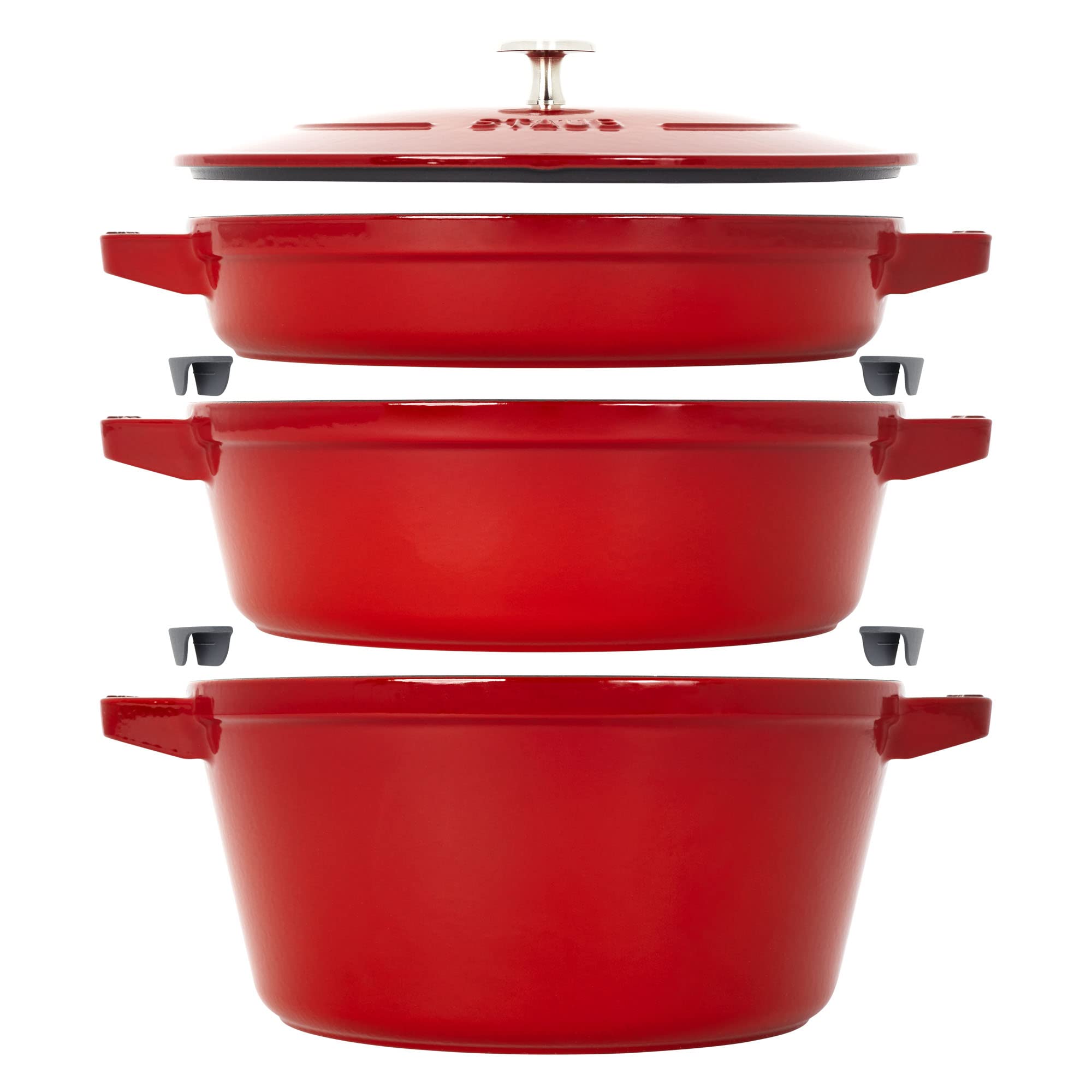 STAUB 4-Piece Cast Iron Cookware Set - Stackable Dutch Oven, Skillet & Grill Pan with Universal Lid - Premium French-Made Cherry Red Cookware for Baking, Roasting & Grilling - Perfect for Home Kitchens & Outdoor Cooking