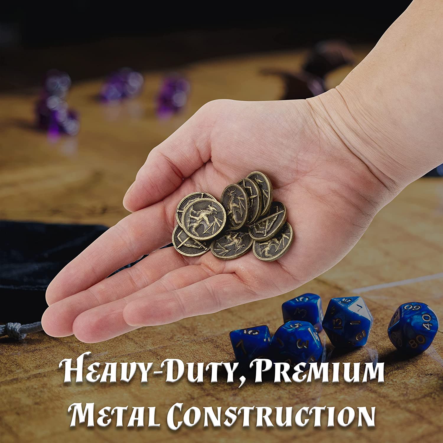 CASEMATIX 100-Piece Metal Coins Set for DND & Tabletop RPG Games - Fantasy Coins with Dragon & Sword Shield Engraving + Carrying Pouch - Perfect for Dungeons & Dragons, Pathfinder, and Board Game Accessories