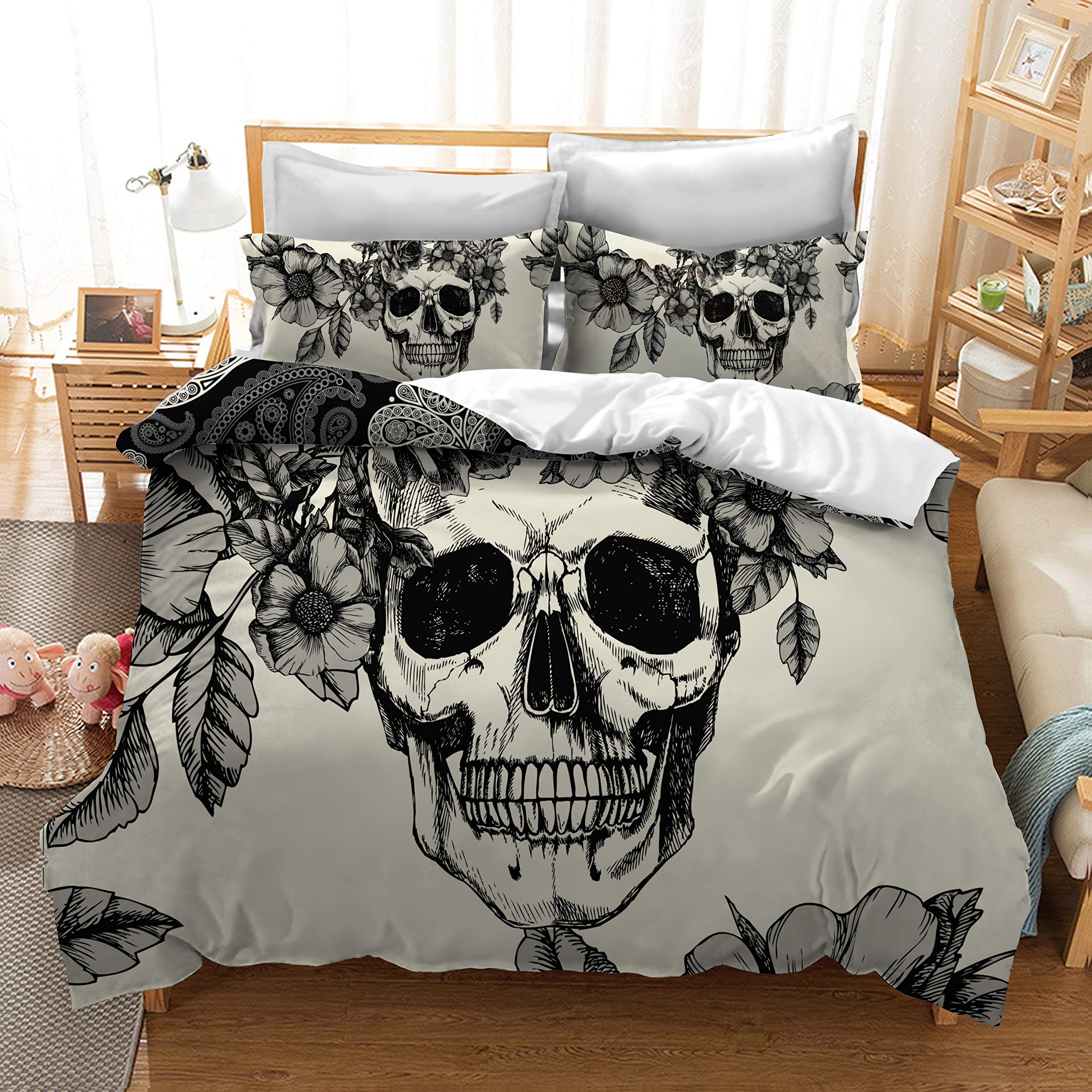 Gothic Skull Duvet Cover Set 3-Piece Queen Size - Dark Horror Theme Bedding for Halloween, Punk & Rock Decor - Perfect for Gothic Bedrooms, Teen Rooms & Themed Parties