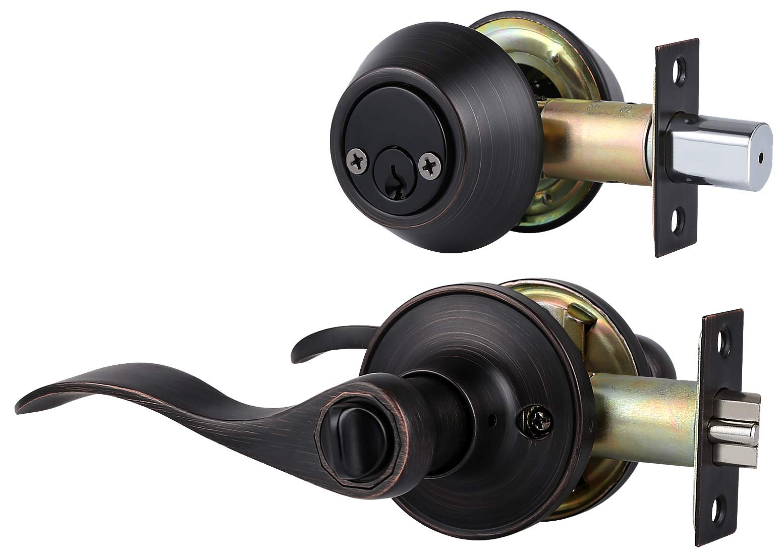 Oil Rubbed Bronze Exterior Door Handle with Deadbolt - Wave Style Keyed Entry Lockset for Home Security