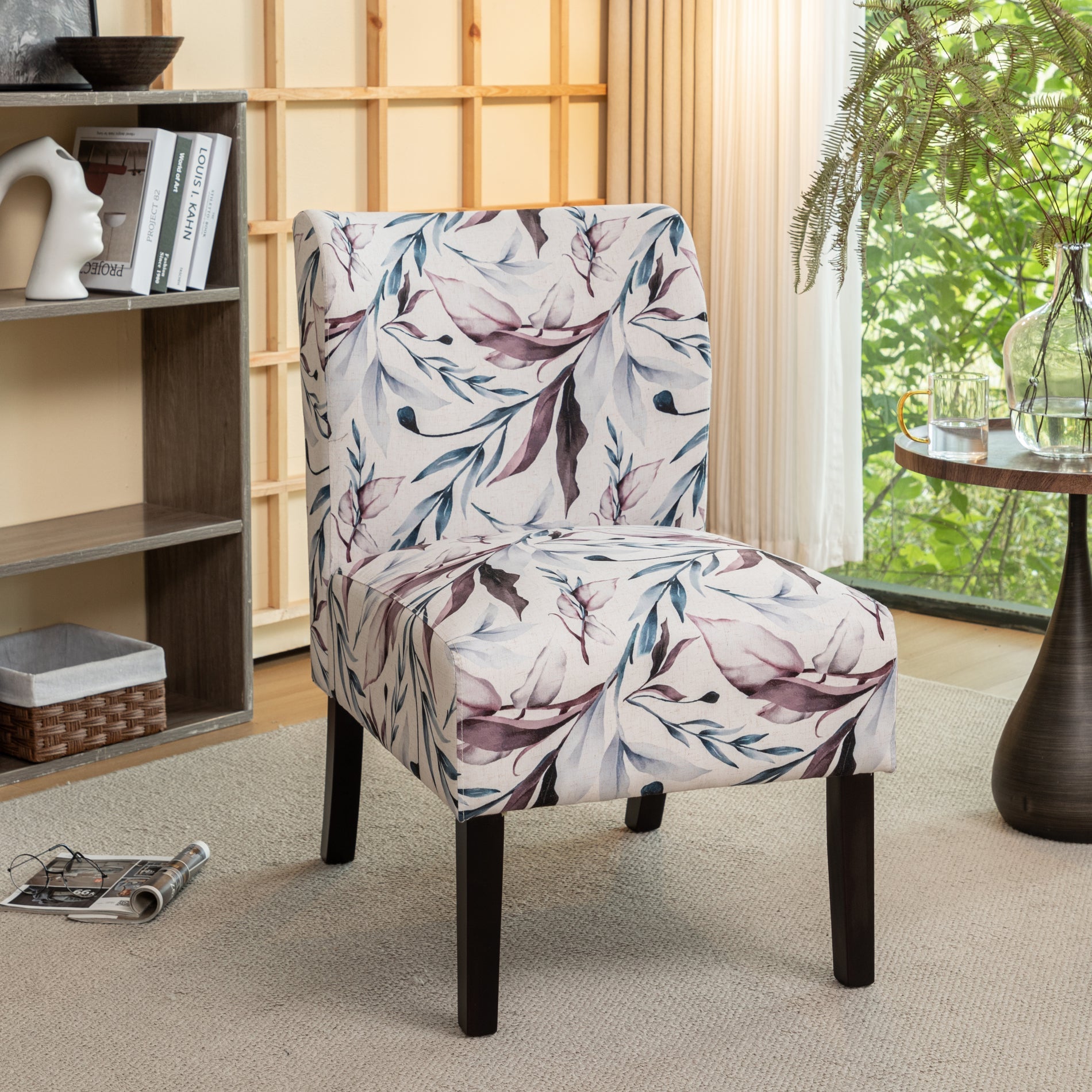 Roundhill Furniture Capa Fabric Armless Contemporary Accent Chair - Purple Floral Design, Modern Living Room Decor, Perfect for Reading Nook or Bedroom Sitting Area