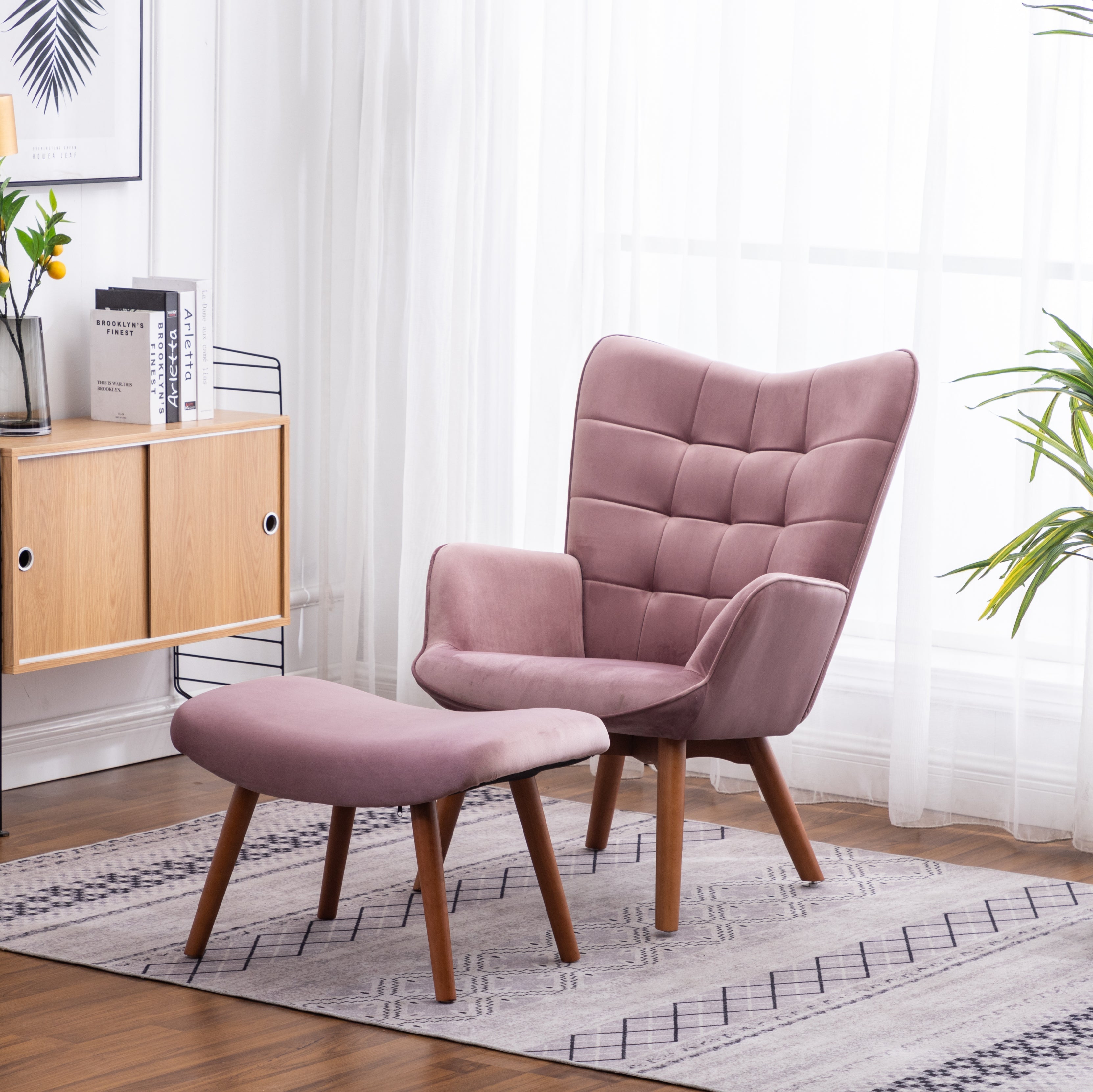 Roundhill Furniture Leiria Contemporary Silky Velvet Tufted Accent Chair with Ottoman in Mauve - Stylish Living Room Seating for Home Office, Bedroom or Lounge Decor