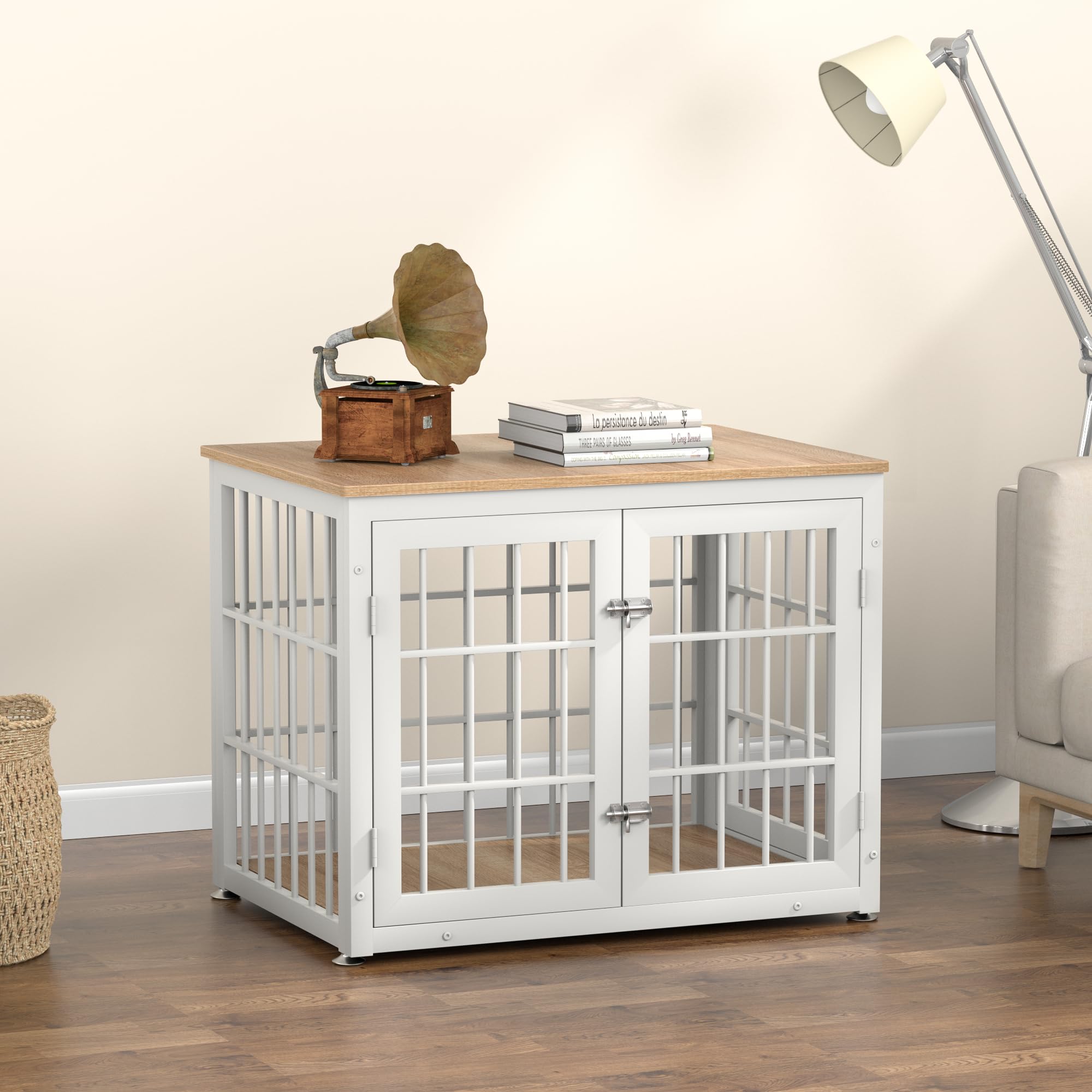 Heavy Duty Wooden Dog Crate Furniture for Small & Medium Dogs - Decorative Pet House End Table with Kennel - Indoor White & Natural Dog Cage for Living Room, Bedroom or Office