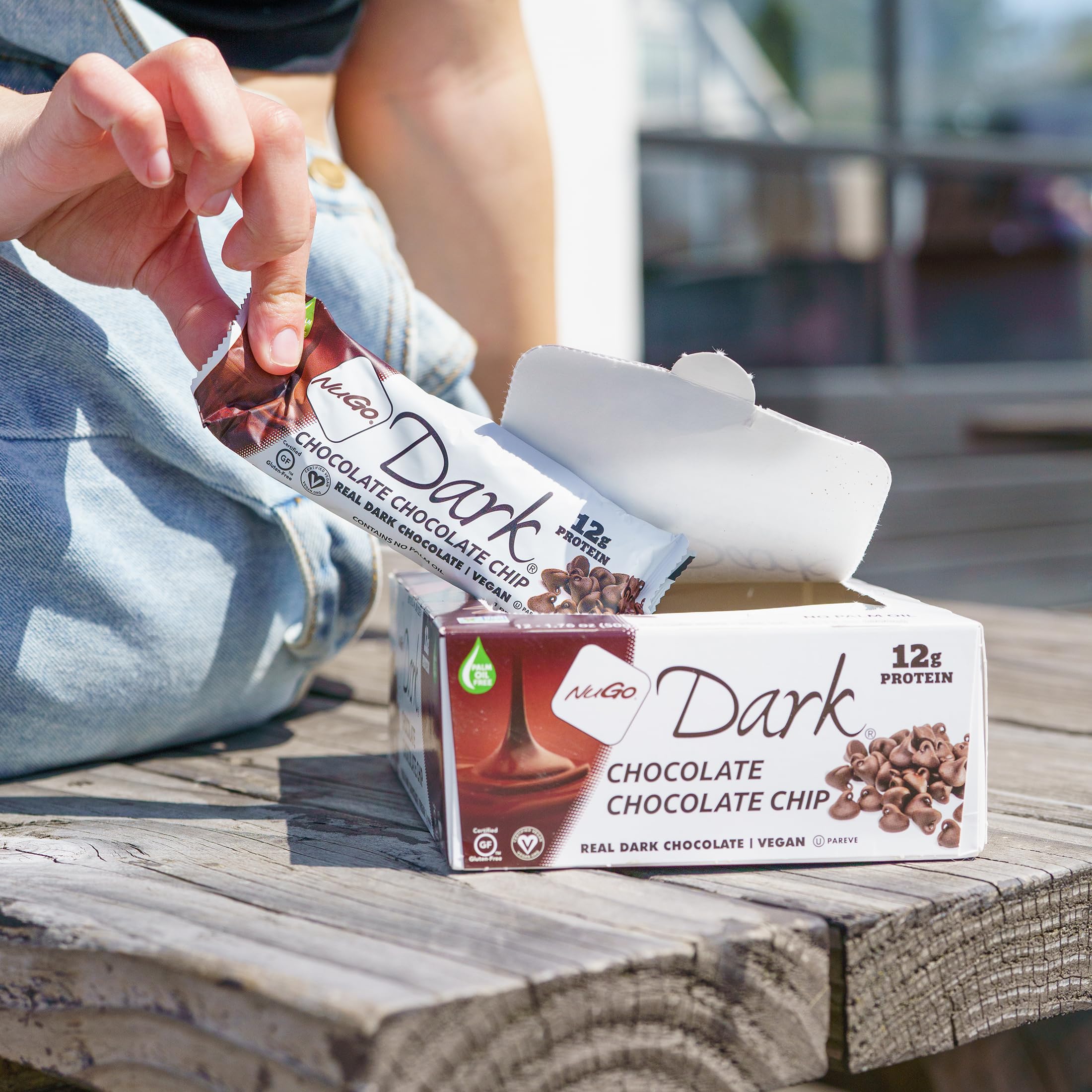 NuGo Dark Chocolate Chocolate Chip Protein Bar - 12g Vegan Protein, 200 Calories, Gluten Free, 24 Count - Perfect for Post-Workout Recovery & Healthy Snacking