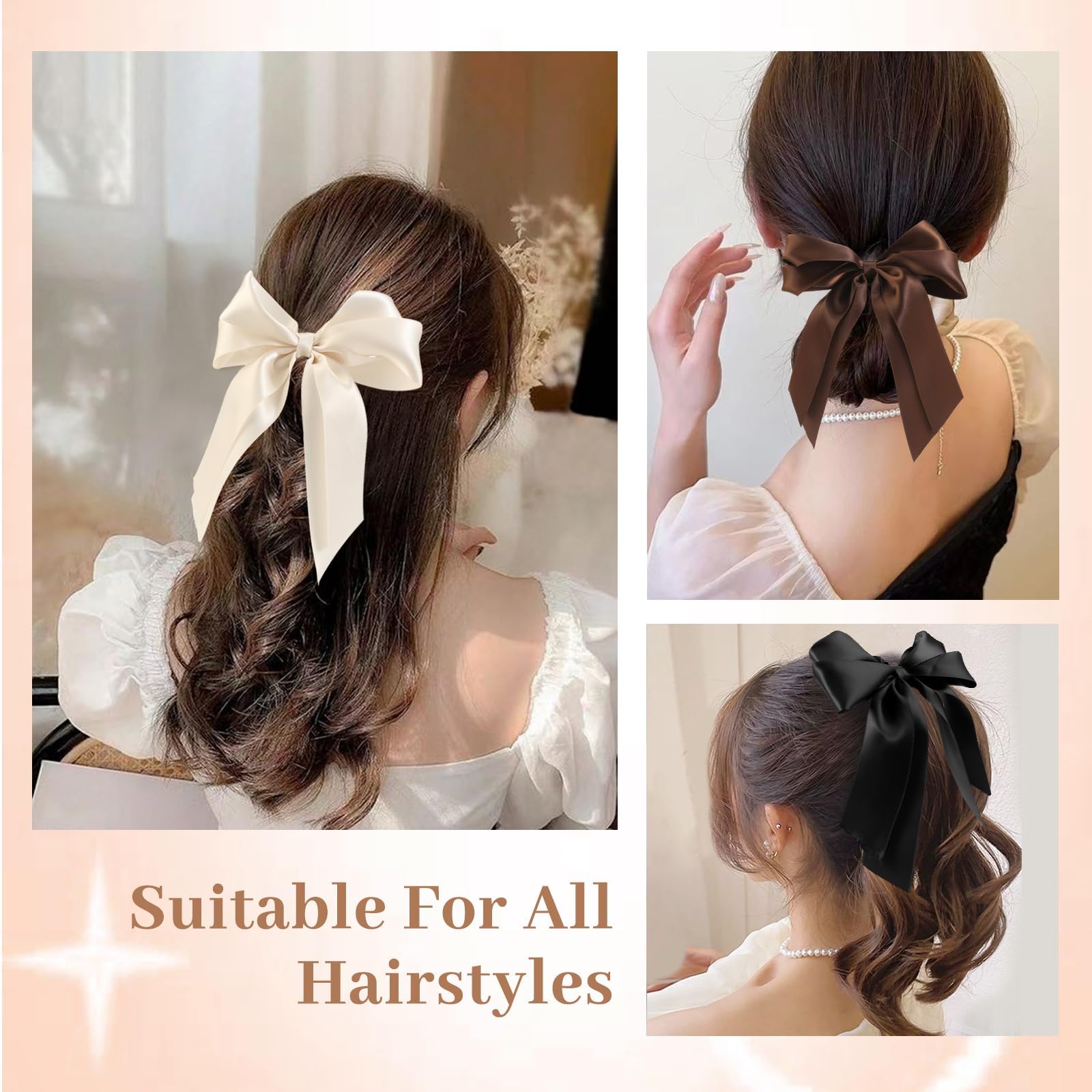 Yougeigy 6PCS Satin Hair Bows & Scrunchies for Women & Girls - Black Ribbon Hair Ties with Long Tail for Thin & Thick Hair - Perfect for School, Parties & Everyday Styling
