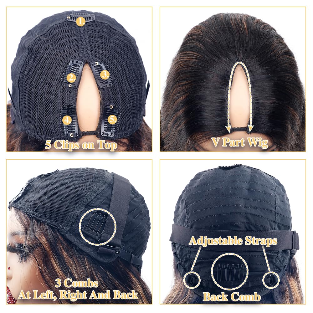 Xagujpo 26inch Body Wave V Part Human Hair Wig - No Sew #FB30 Ombre Brown U Part Wig with 180% Density - Highlighted Human Hair Wigs for Women | Perfect for Daily Wear, Parties & Special Occasions