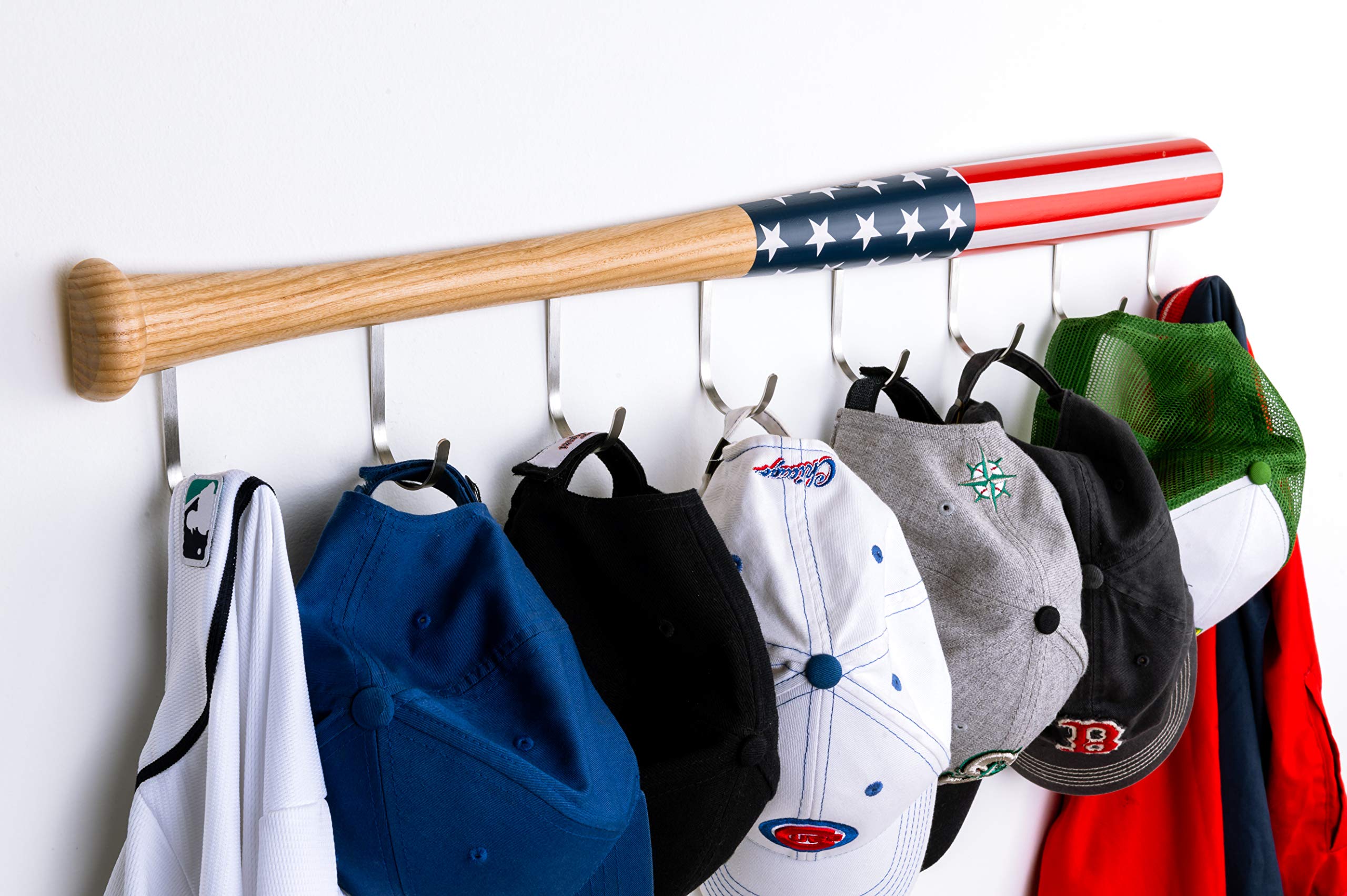 Hardwood Baseball Bat Wall Mount Coat Rack with 8 Hooks - Fully Assembled Fun Clothes Hanger - Unique Sports Fan Gift for Entryway, Bathroom, Kids Room Display & Organization