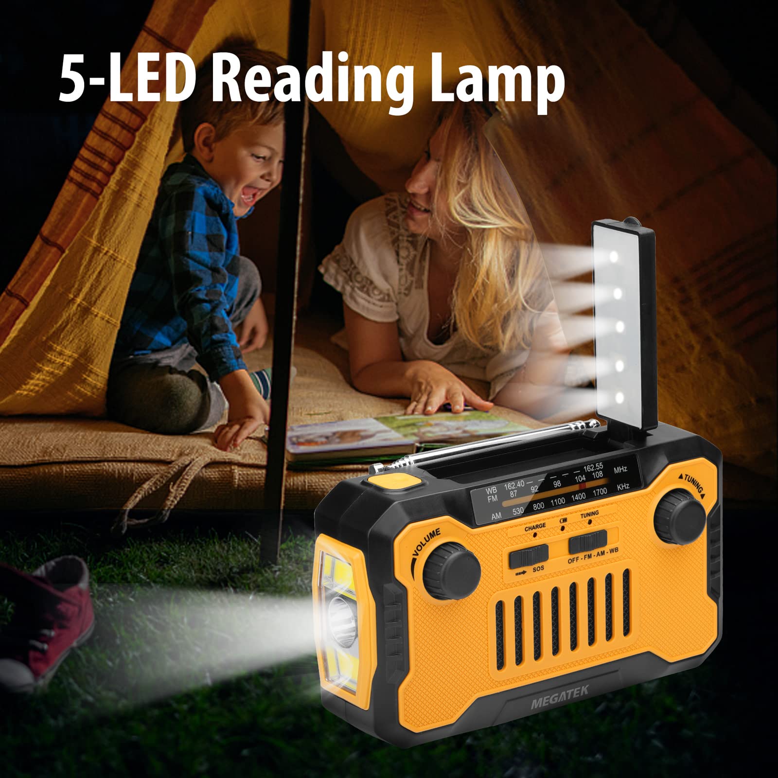 Megatek Emergency NOAA Weather AM/FM Radio - 5000mAh Solar & Hand Crank Power Bank with USB-C Phone Charger, Flashlight & Reading Light - Perfect for Camping, Hiking & Emergency Preparedness