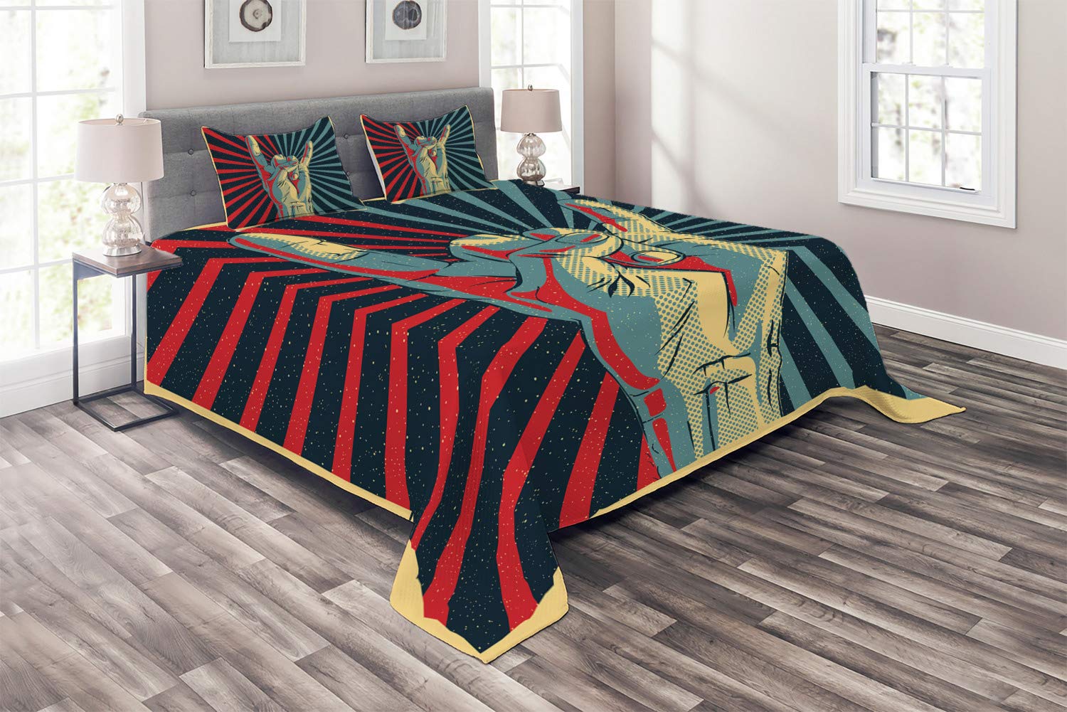 Ambesonne Rock Music Quilt Set King Size - Heavy Rocker Sign & Thunder Bolts Design for Bedroom Decor