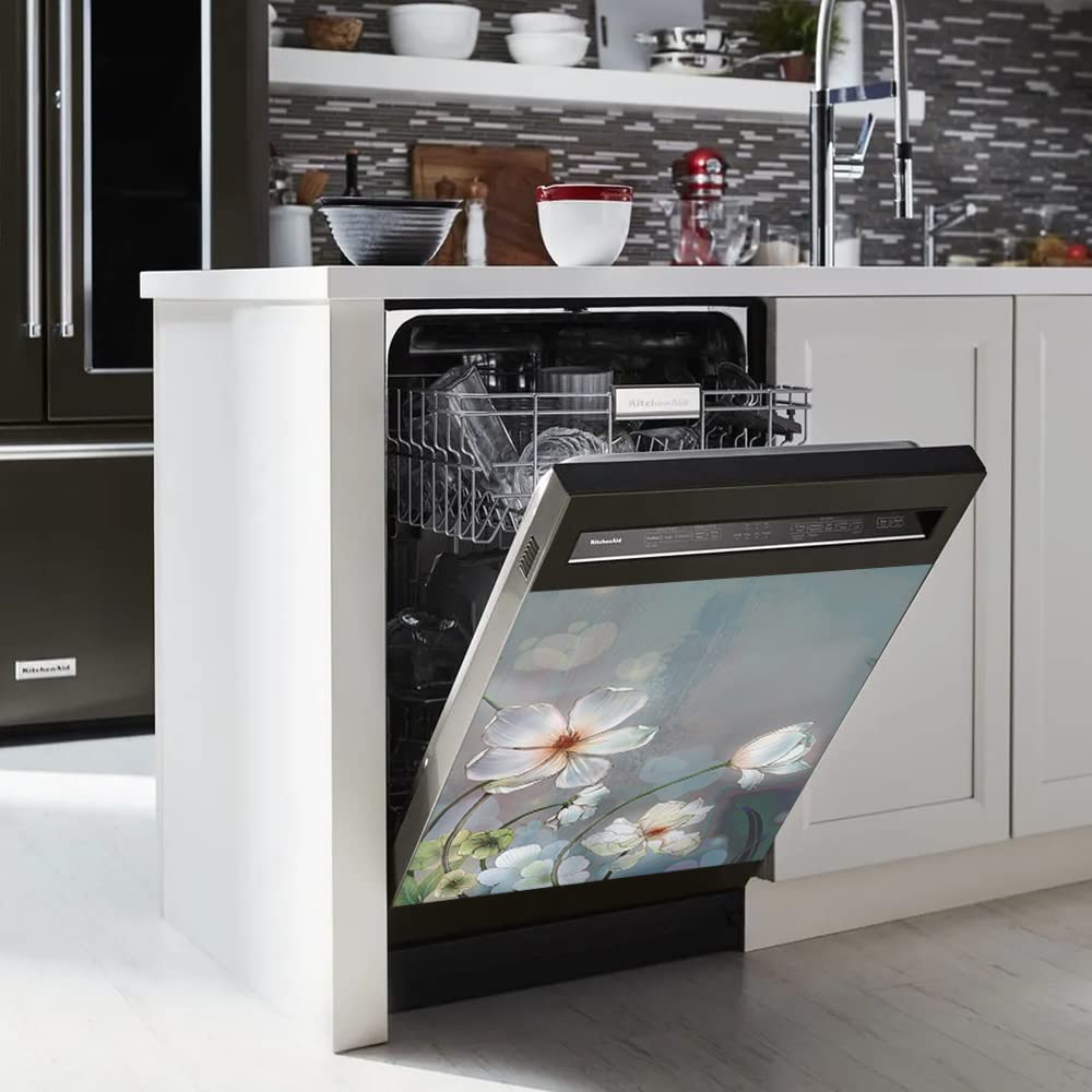Stylish White Floral Dishwasher Cover - Decorative Magnetic Panel for Front Dishwasher Door, Kitchen Appliance Decal | Perfect for Modern Kitchens & Home Decor