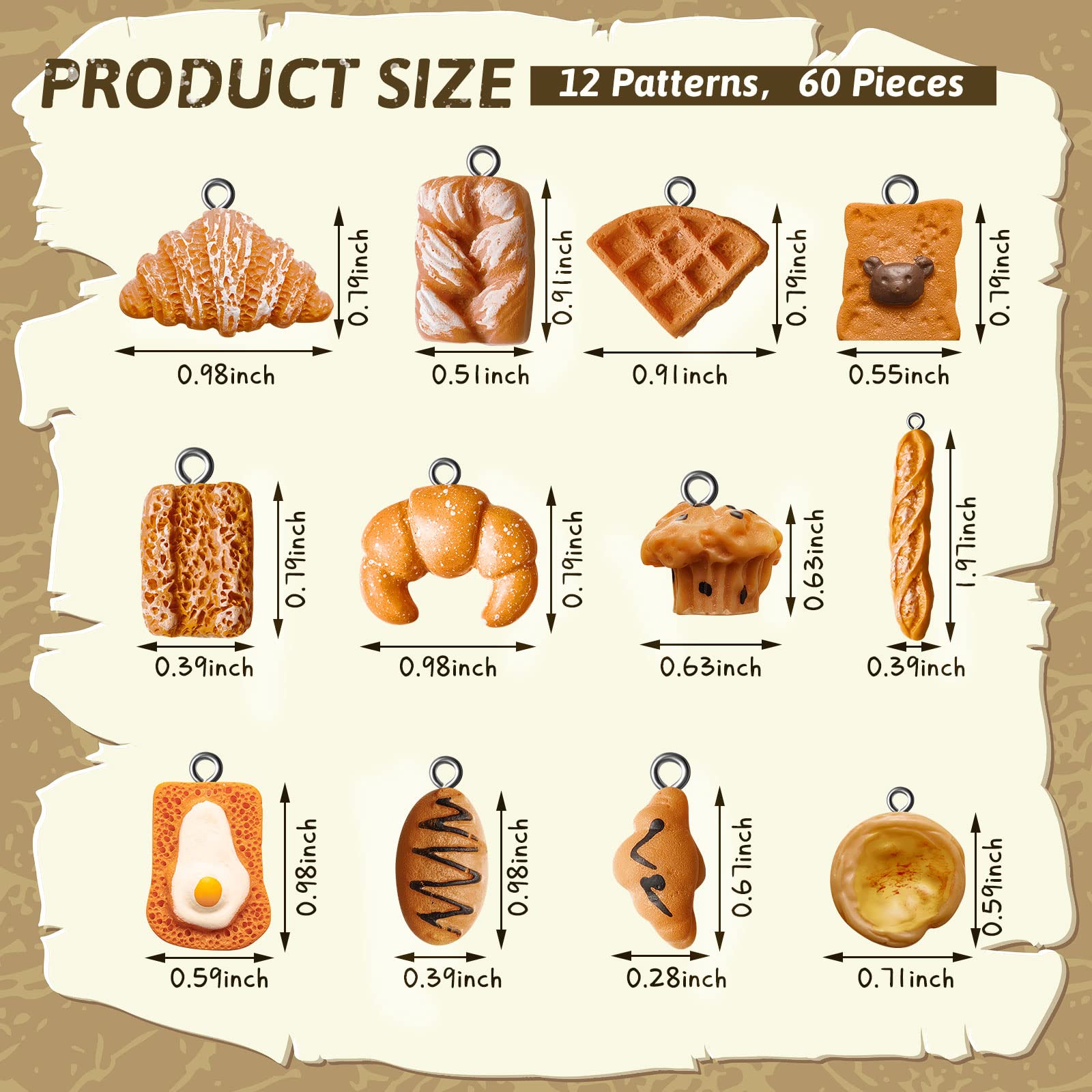 60-Piece Handmade Realistic Bread Toast Charms - Resin Pendants for DIY Jewelry Making, Perfect for Earrings, Necklaces & Craft Projects | Great for Scrapbooking, Keychains & Gift Decoration