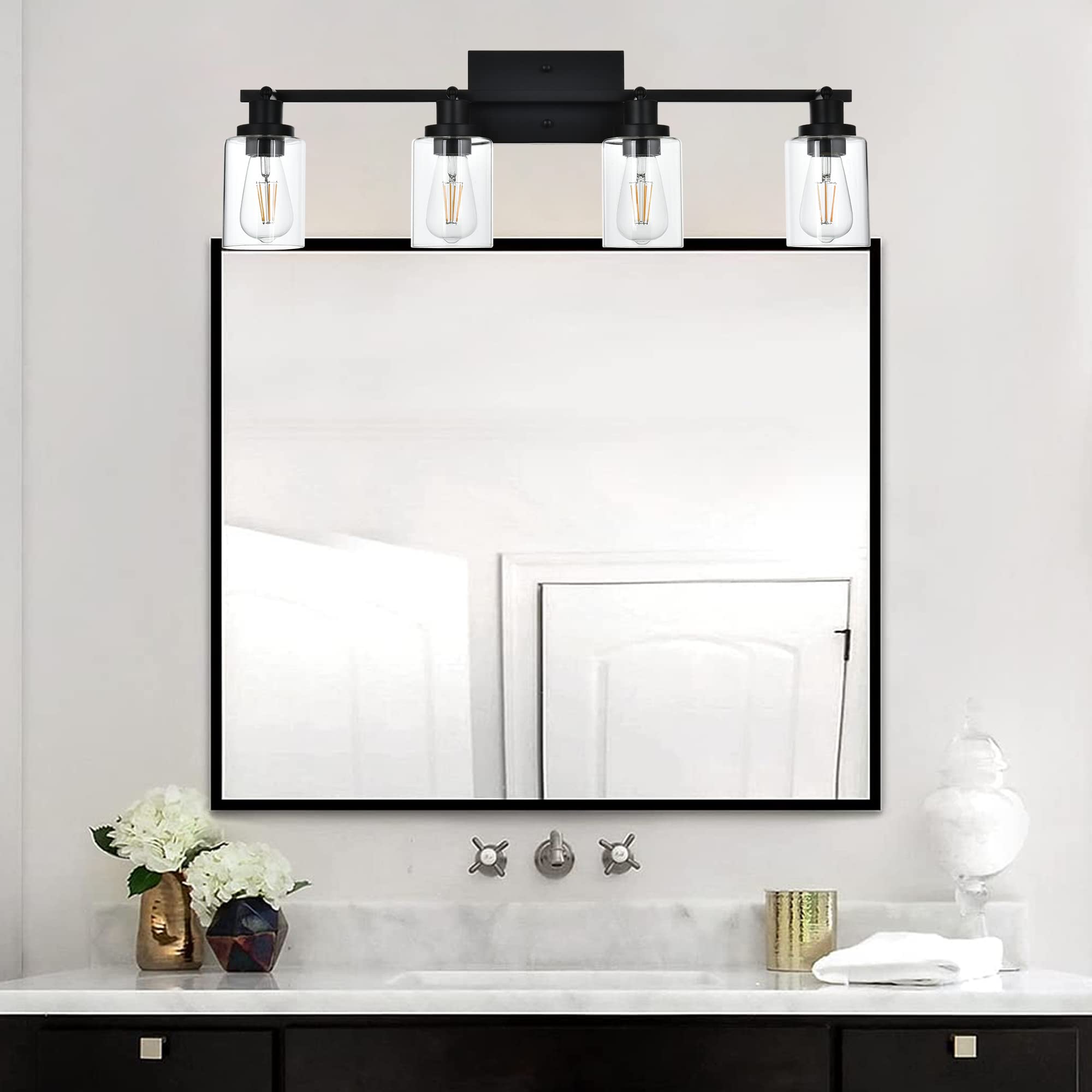 MELUCEE 4-Light Matte Black Track Lighting Kit - Ceiling Spotlight Fixture with Clear Glass Shade for Bathroom, Hallway, Foyer & Storage Areas - Modern Home & Office Lighting Solution