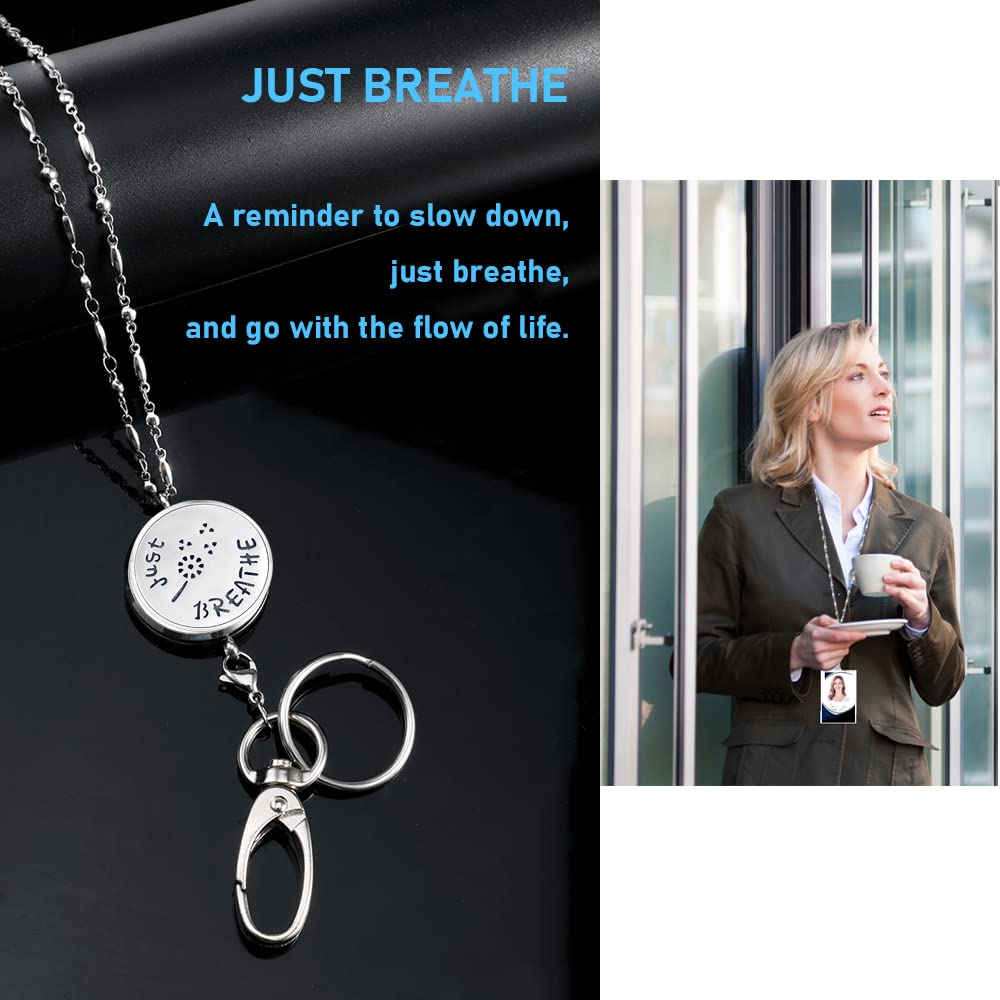 Stainless Steel Lanyard Necklace for Women - Elegant ID Badge Holder & Keychain with Diffuser - Perfect for Teachers, Nurses, Office Professionals - Silver Chain with Secure Badge Clip - Breathe Easy at Work or School
