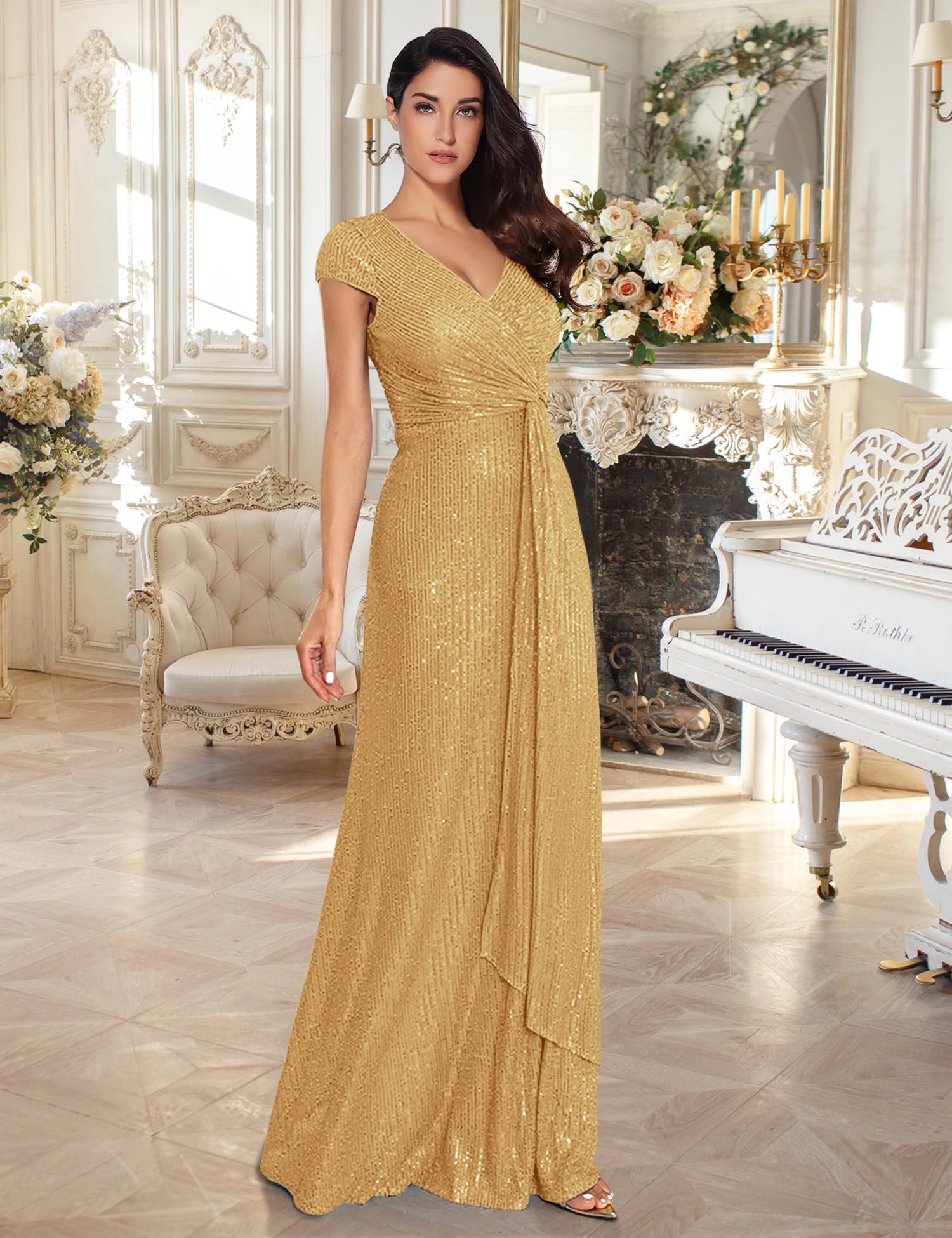 Meilun Women's Sparkly Sequin V-Neck Maxi Dress - Elegant Short Sleeve Formal Gown for Evening Parties, Prom, Weddings & Special Occasions