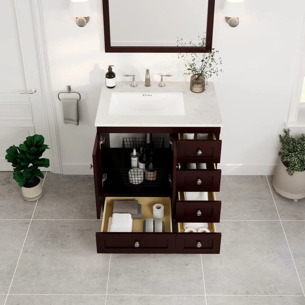 Eviva Acclaim 30 Inch Bathroom Vanity with Carrara Quartz Countertop - Modern White Bathroom Sink Cabinet for Small Spaces, Perfect for Powder Rooms and Guest Bathrooms