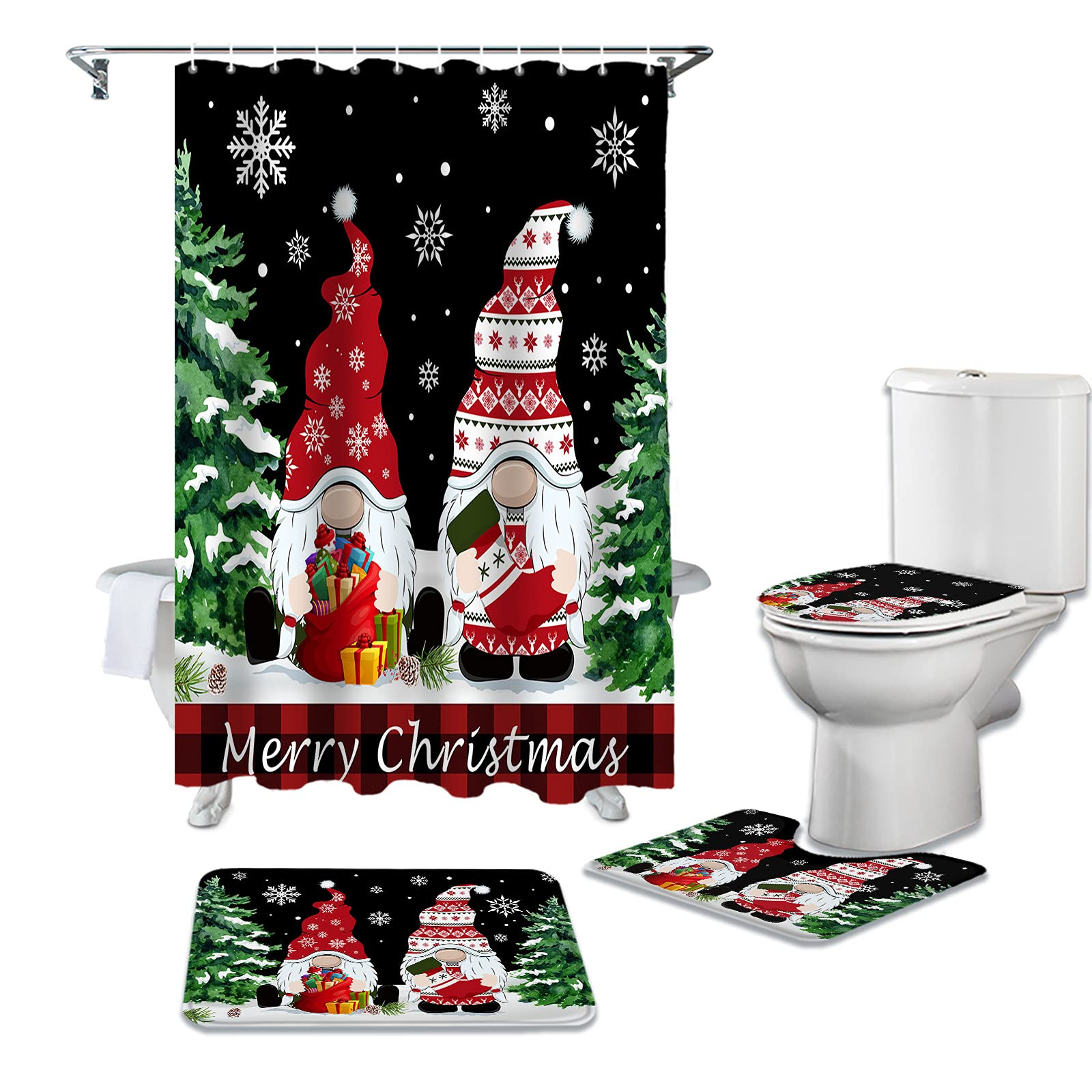 4PCS Non-Slip Bathroom Mat Set - Christmas Gnome Elves Snowflake Winter Decor for Toilet, Shower & Bathtub - Water Absorbent Bath Mats, Toilet Seat Cover & Shower Curtain for Holiday Home Decor
