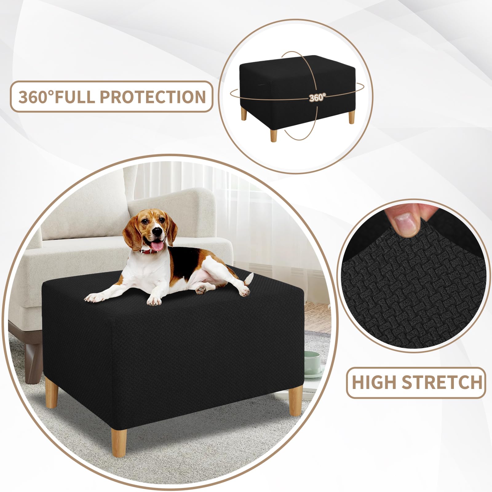 JIVINER Rectangle Stretch Ottoman Slipcover - Soft Furniture Protector with Elastic Bottom for Folding Storage Footstool (Large, Black) | Perfect for Living Room, Bedroom & Home Decor