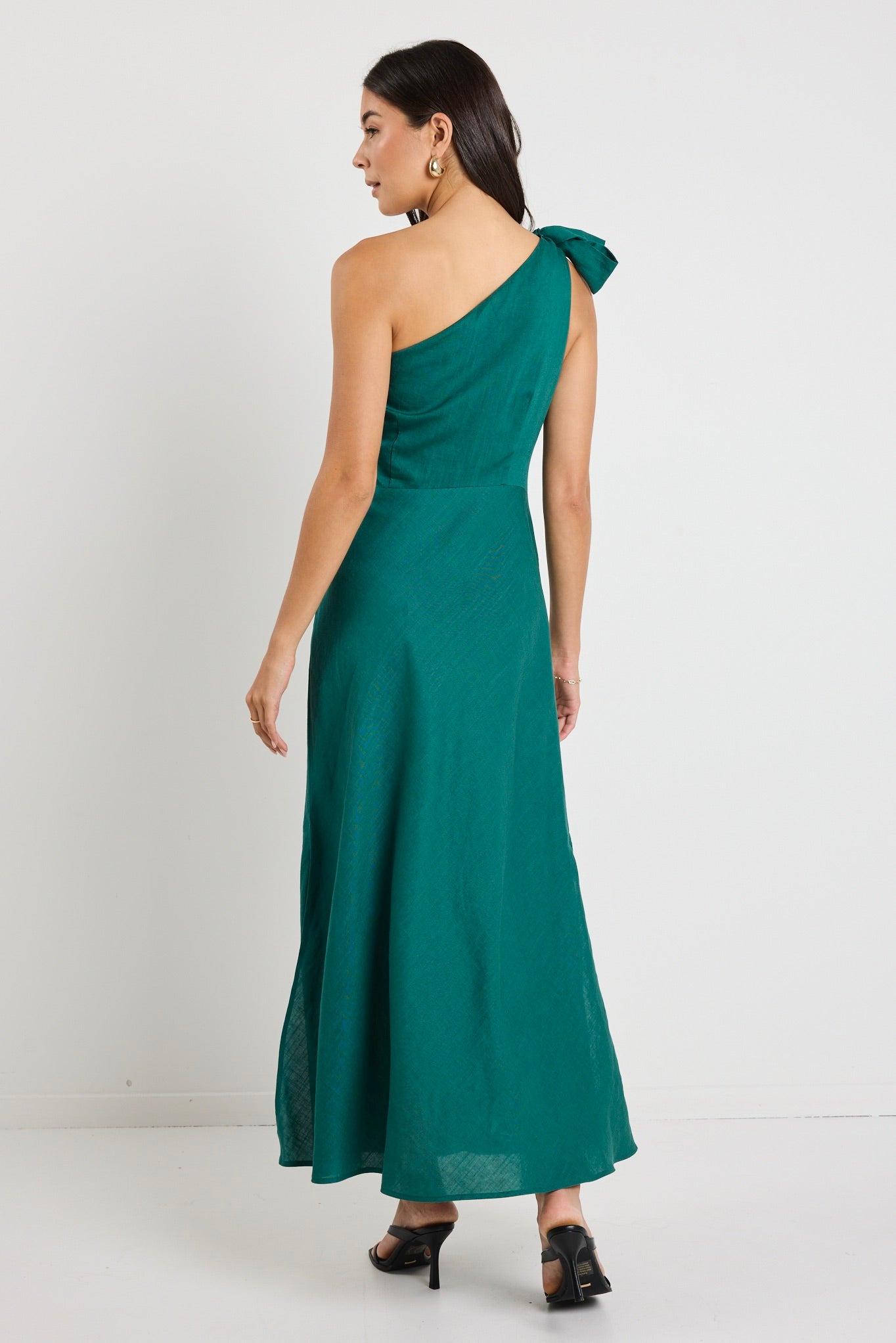 Mirror Forest Linen Blend One Shoulder Bow Midi Dress - Elegant Summer Wedding Guest Dress for Beach Parties & Cocktail Events